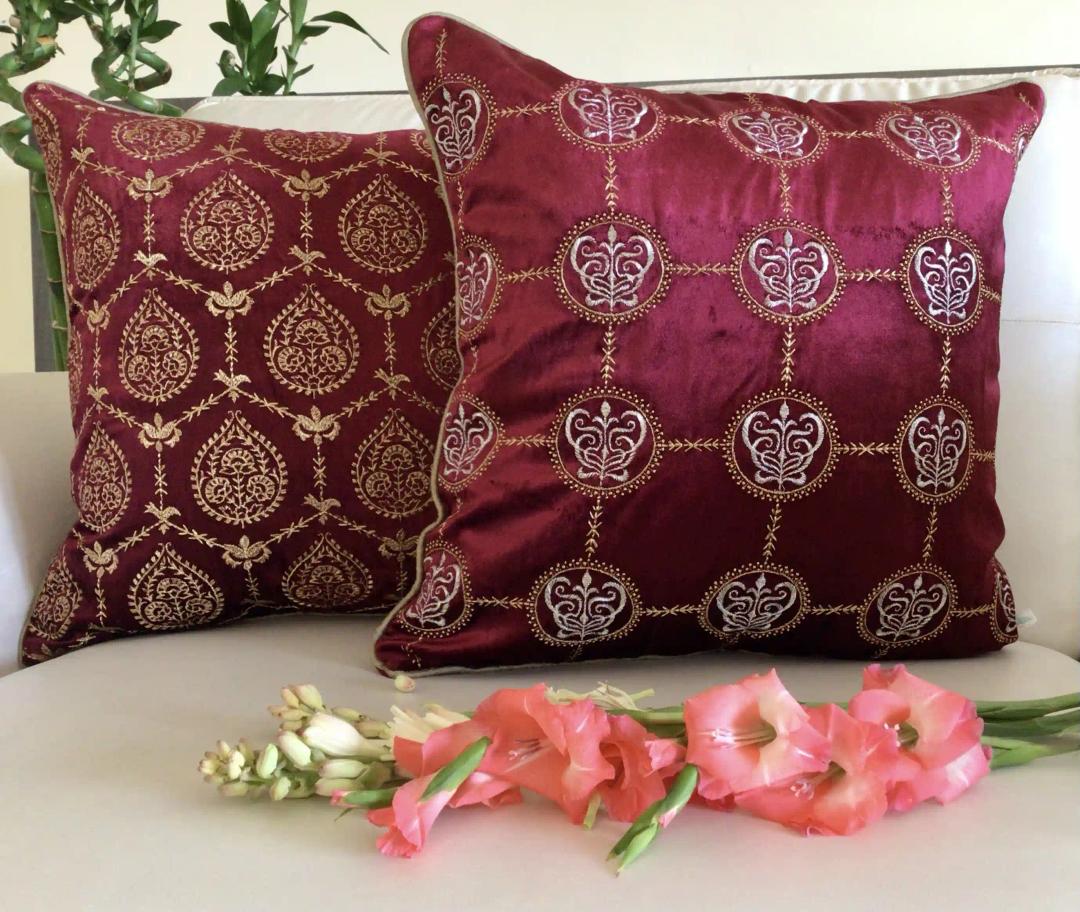 Cleopatra- Embroidered Luxury Velvet Cushion Cover- Wine Red- Set of 1