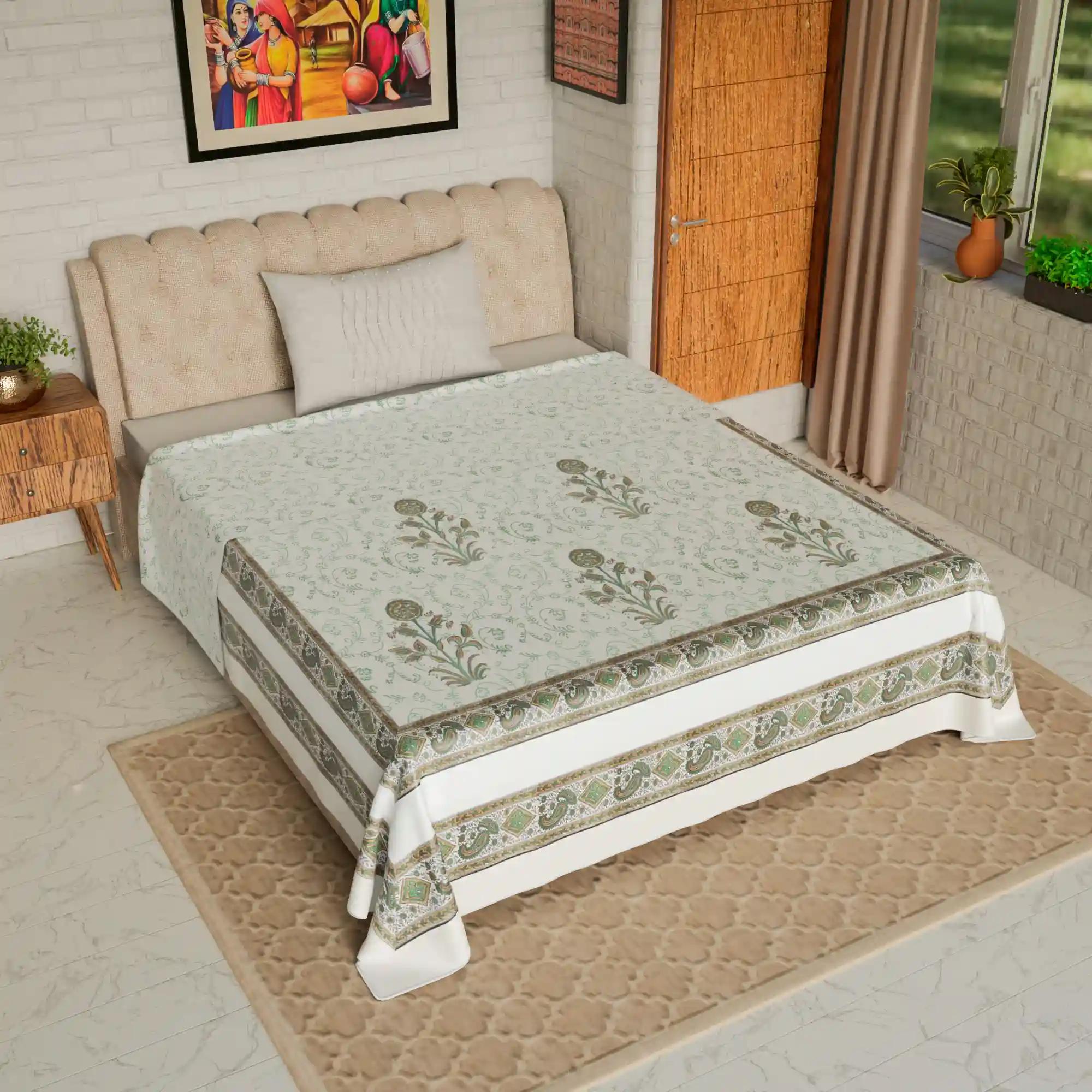 Jaipur Dohar Hand Block Printed Single Bed Cotton Dohar - Green Brown Plant