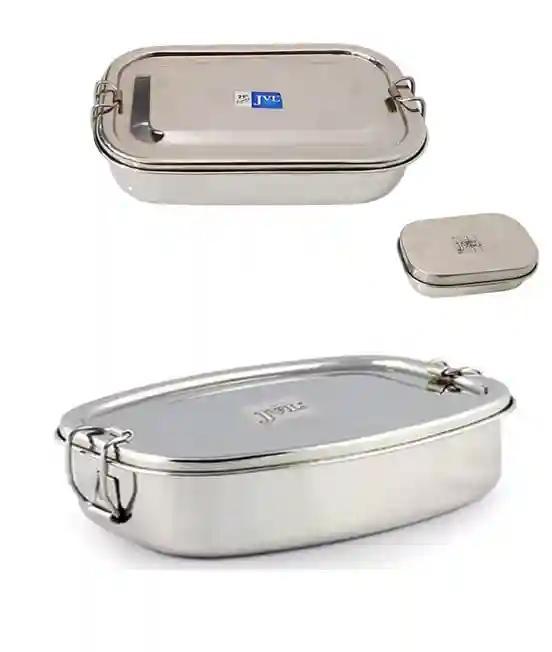 Jvl Stainless Steel Rectangular Single Layer Lunch Box With Small Container & Big Deluxe Single Layer Lunch Box With Inner Plate Not Leak Proof - Pack Of 2