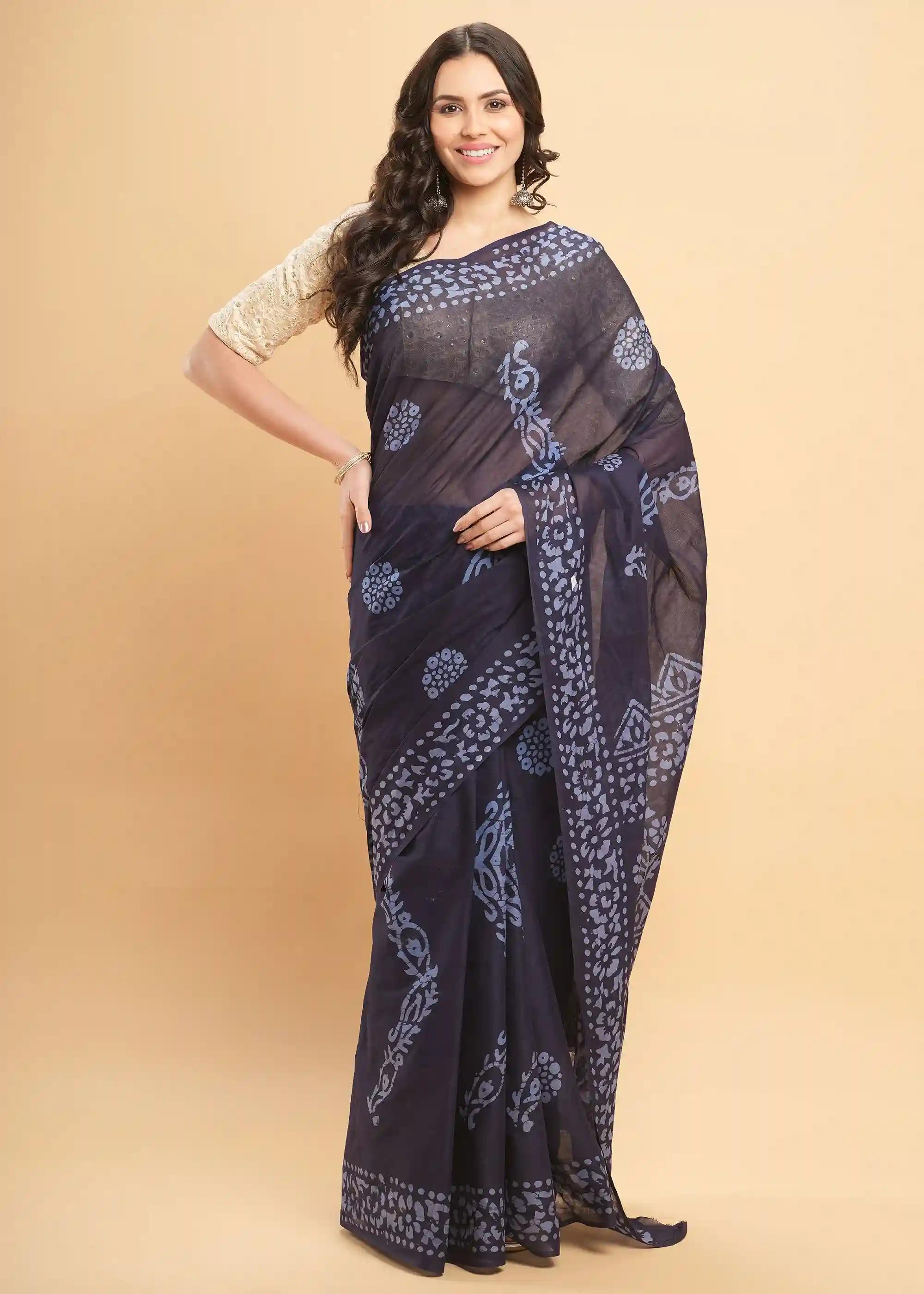 Mul Mul Pure Cotton Saree With Self Dye And Batik Prints - Indigo Blue