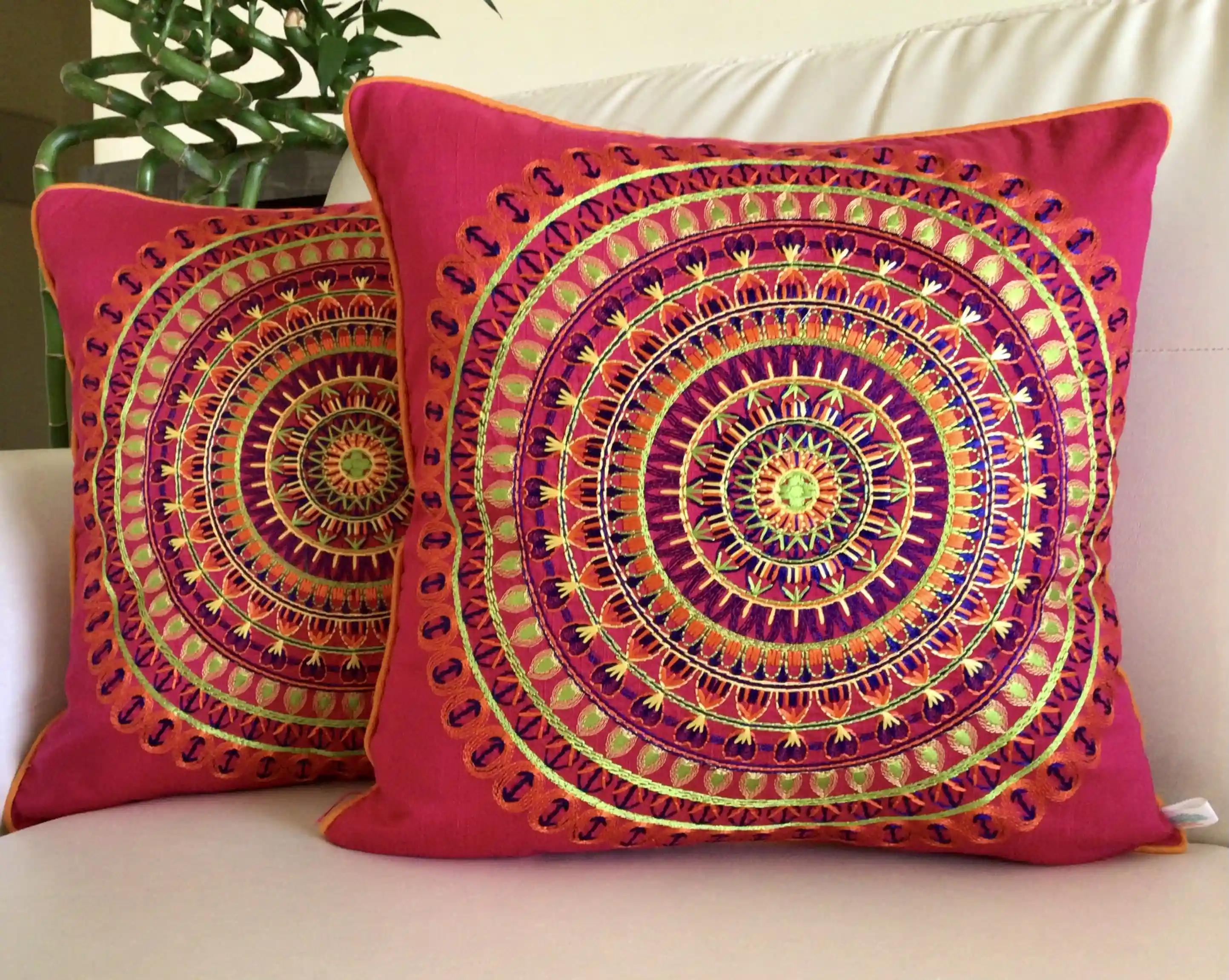 Colors of India- Embroidered Cotton Silk Cushion Cover- Fuschia Pink- Set of 2