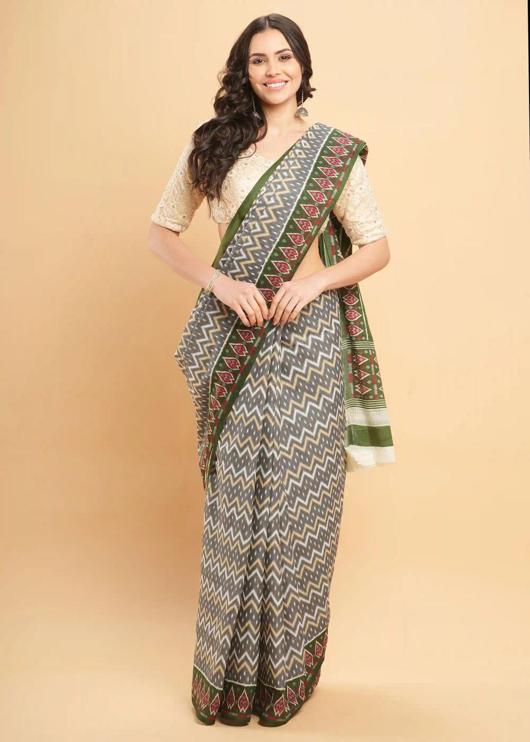 Mul Mul Pure Cotton Saree With Ikat Prints All Over - Grey Green