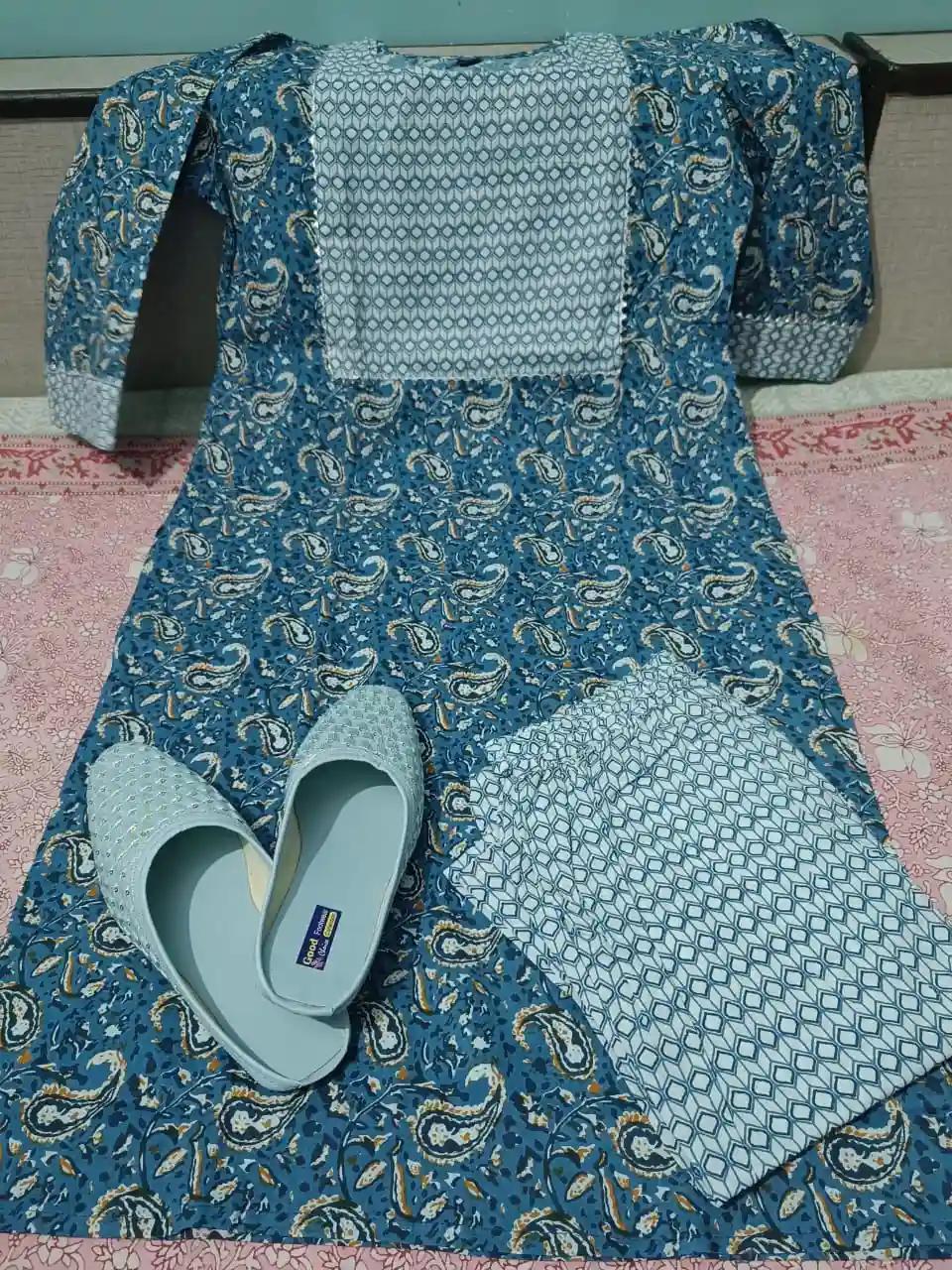 Printed Cotton Kurta Set With Jutti - Blue (Medium)