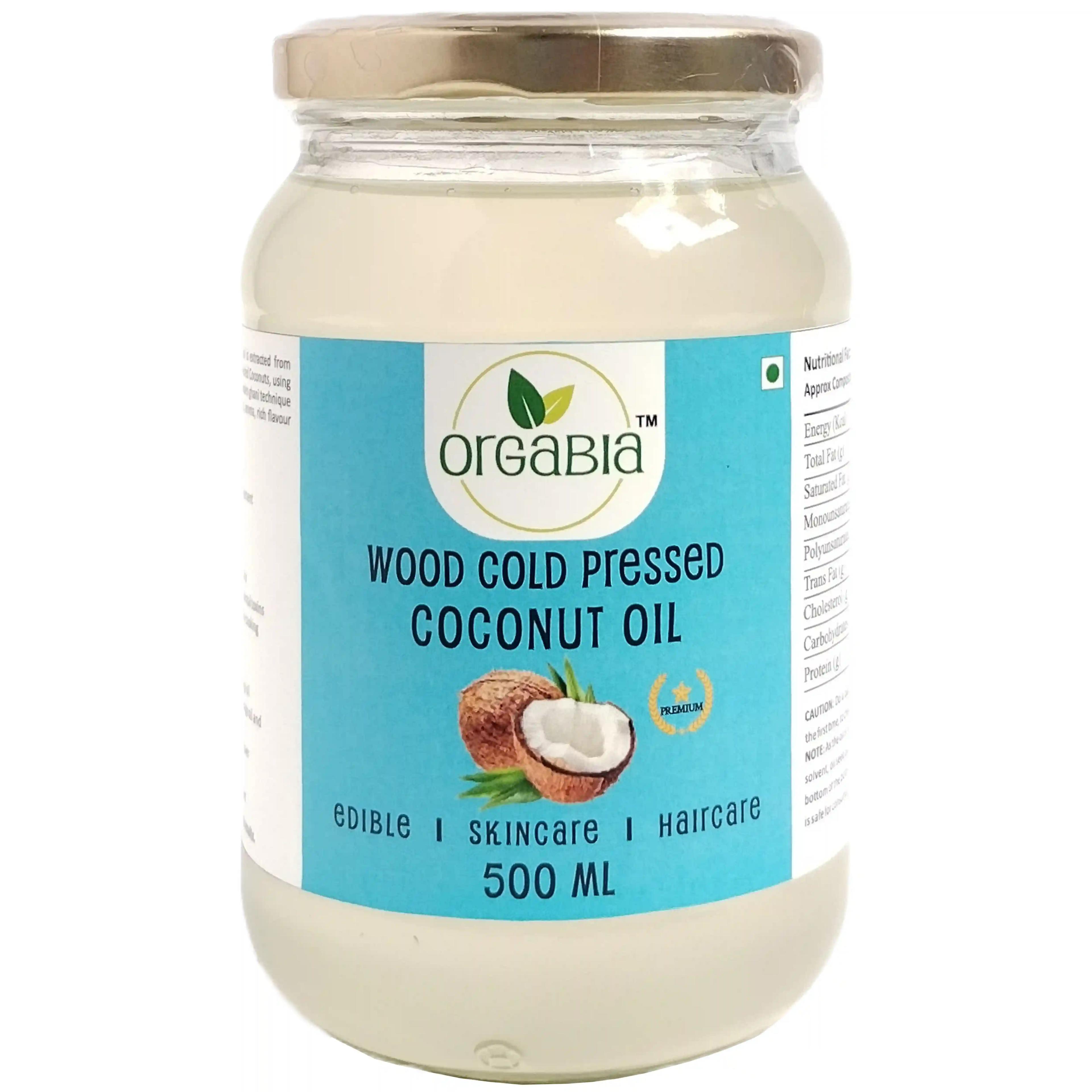 Orgabia Wood Cold Pressed Coconut Oil 500ml Glass Jar -100% Pure & Natural Chemical Free Cold Pressed Coconut Oil for Daily Use.