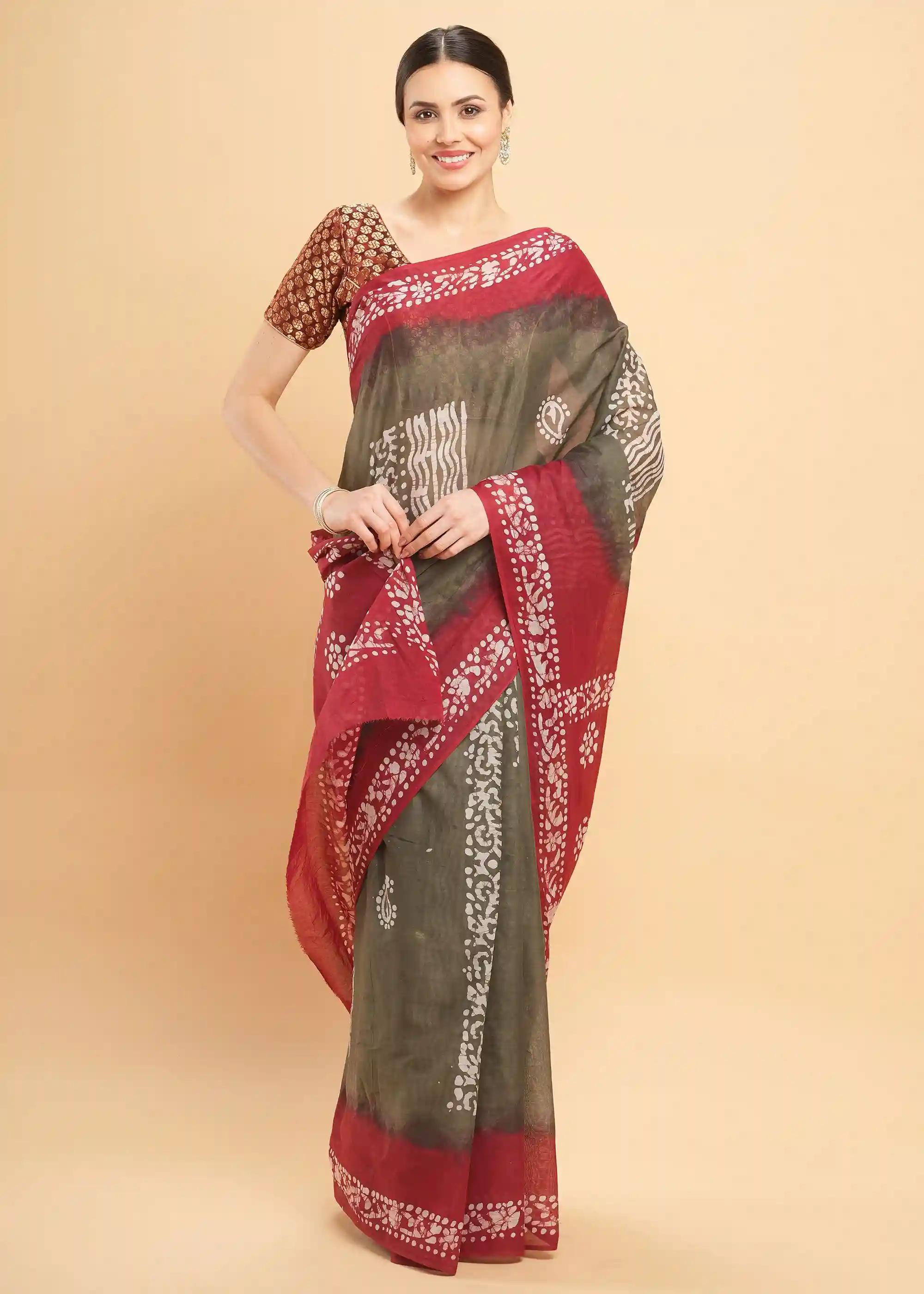 Mul Mul Pure Cotton Saree With Tie N Dye And Batik Prints - Grey Melange & Red