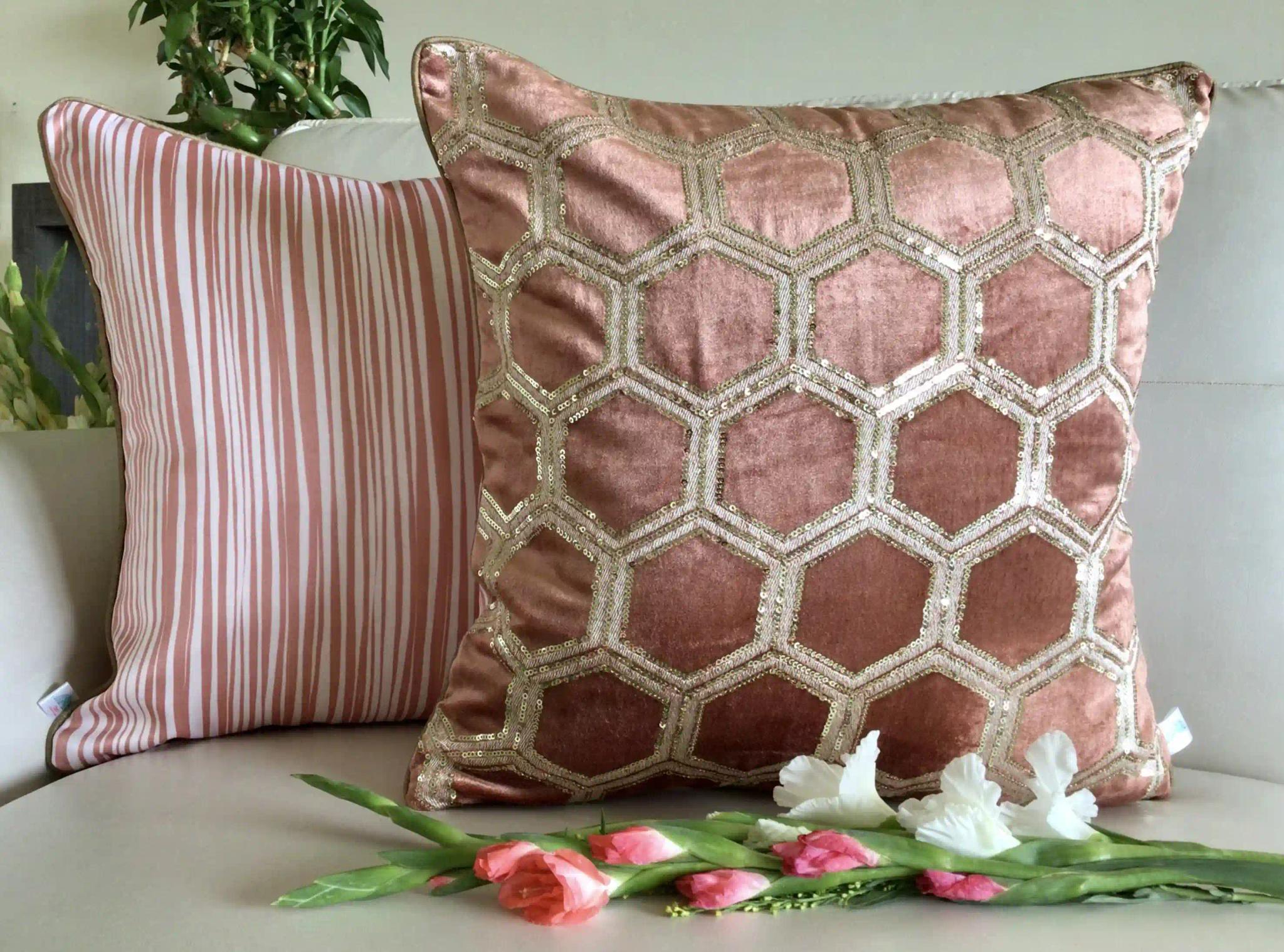 Tiara- Sequined Embroidered Luxury Velvet Cushion Cover- Rose Gold- Set of 1