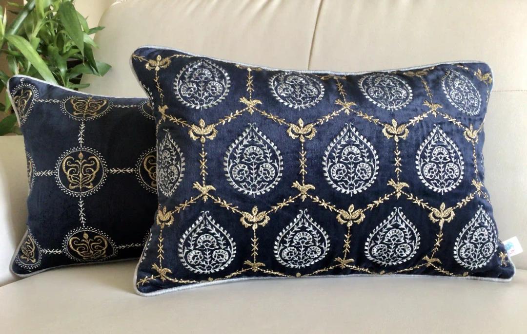 Cleopatra- Embroidered Luxury Velvet Cushion Cover- Midnight Blue- Set of 1