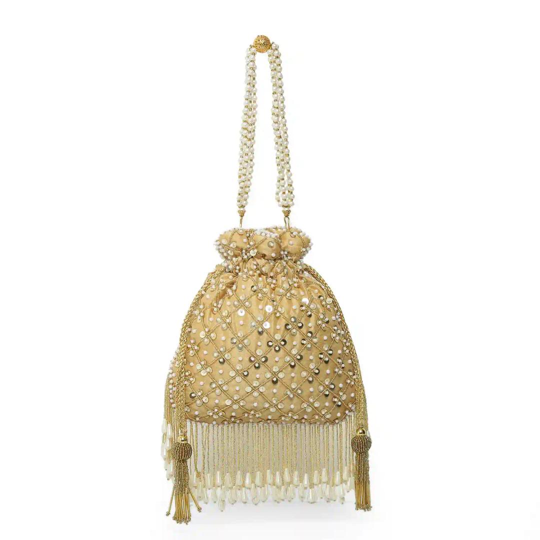 Evening Heavy Embroidery Potli Bag For Women - Gold