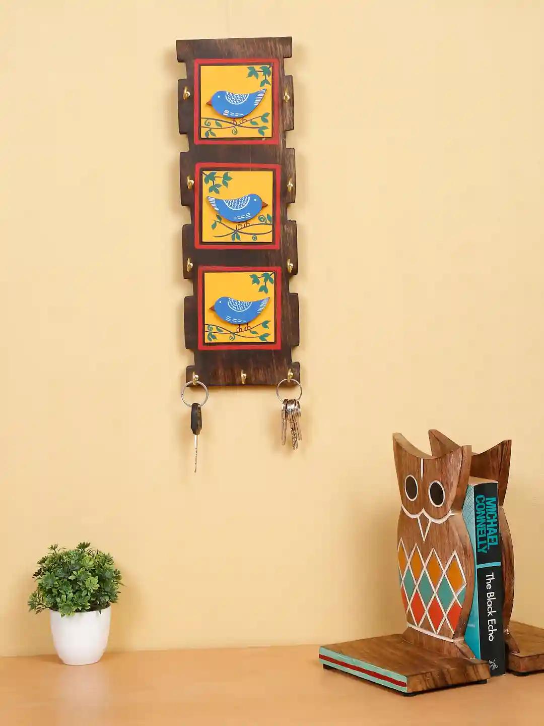 Shilpkara Love Birds Handpainted Wooden Key Holder for Wall