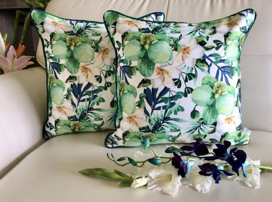 Watercolor Orchids- Reversible- Cushion Covers- Emerald Green- Set of 2