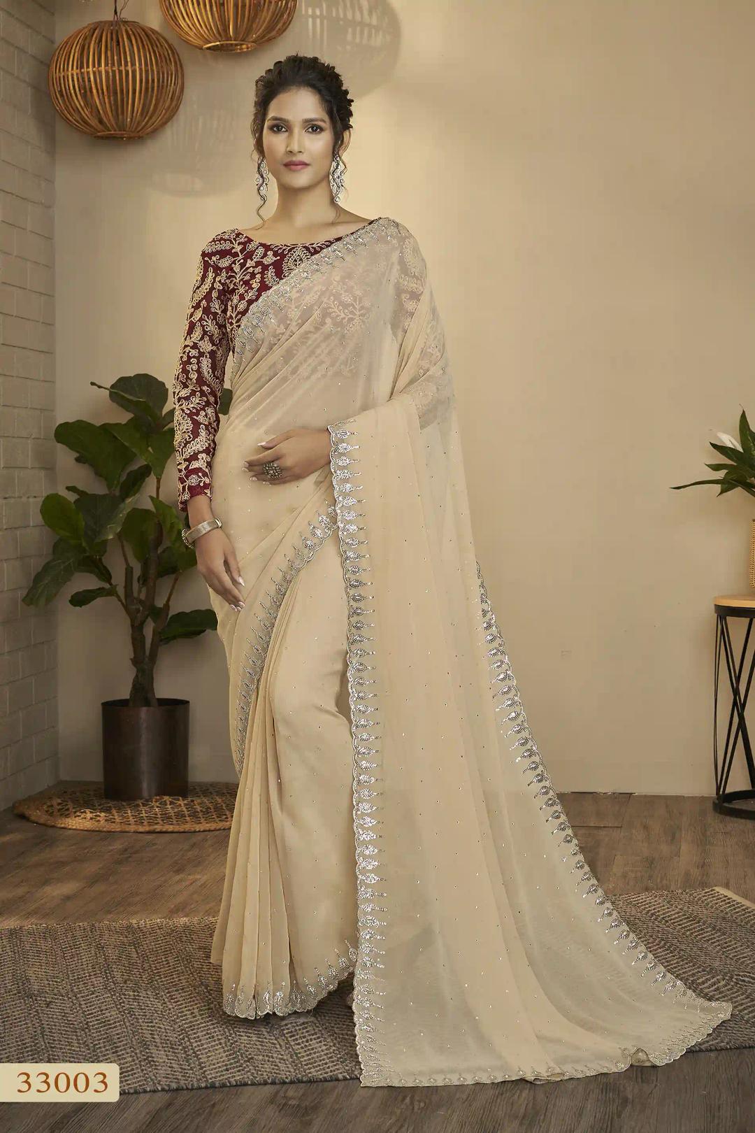 Sequins Georgette Saree - Beige