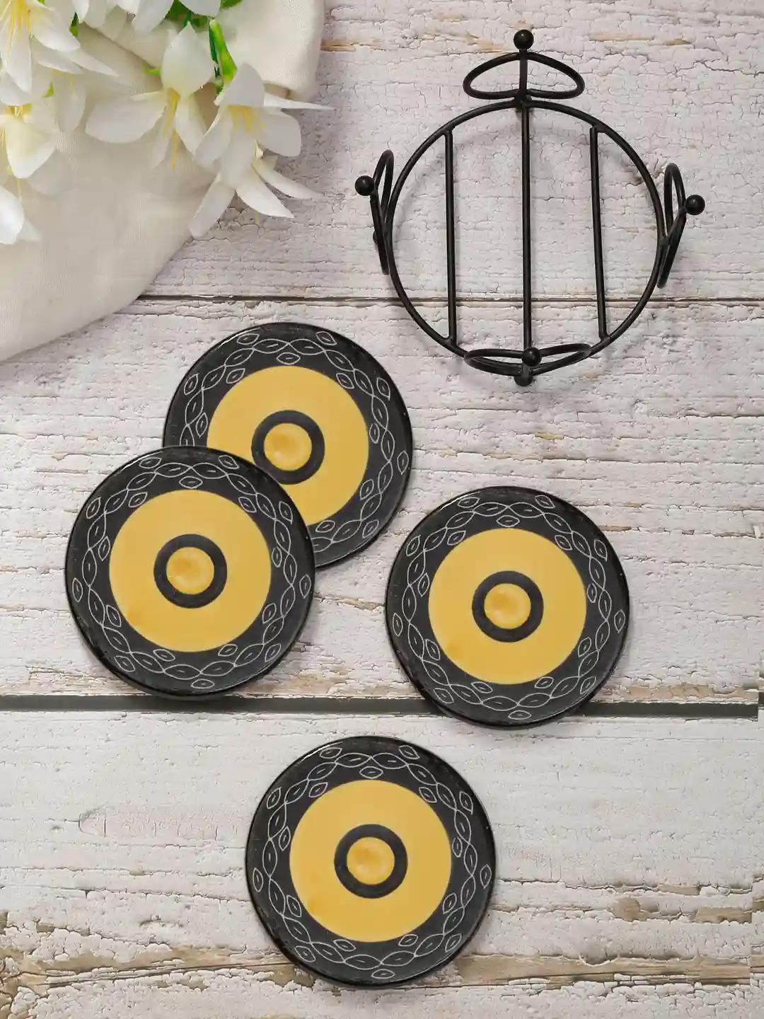 Shilpkara "Concentric Circles" Hand Painted Wooden Coffee and Tea Coasters With Stand - Set of 4