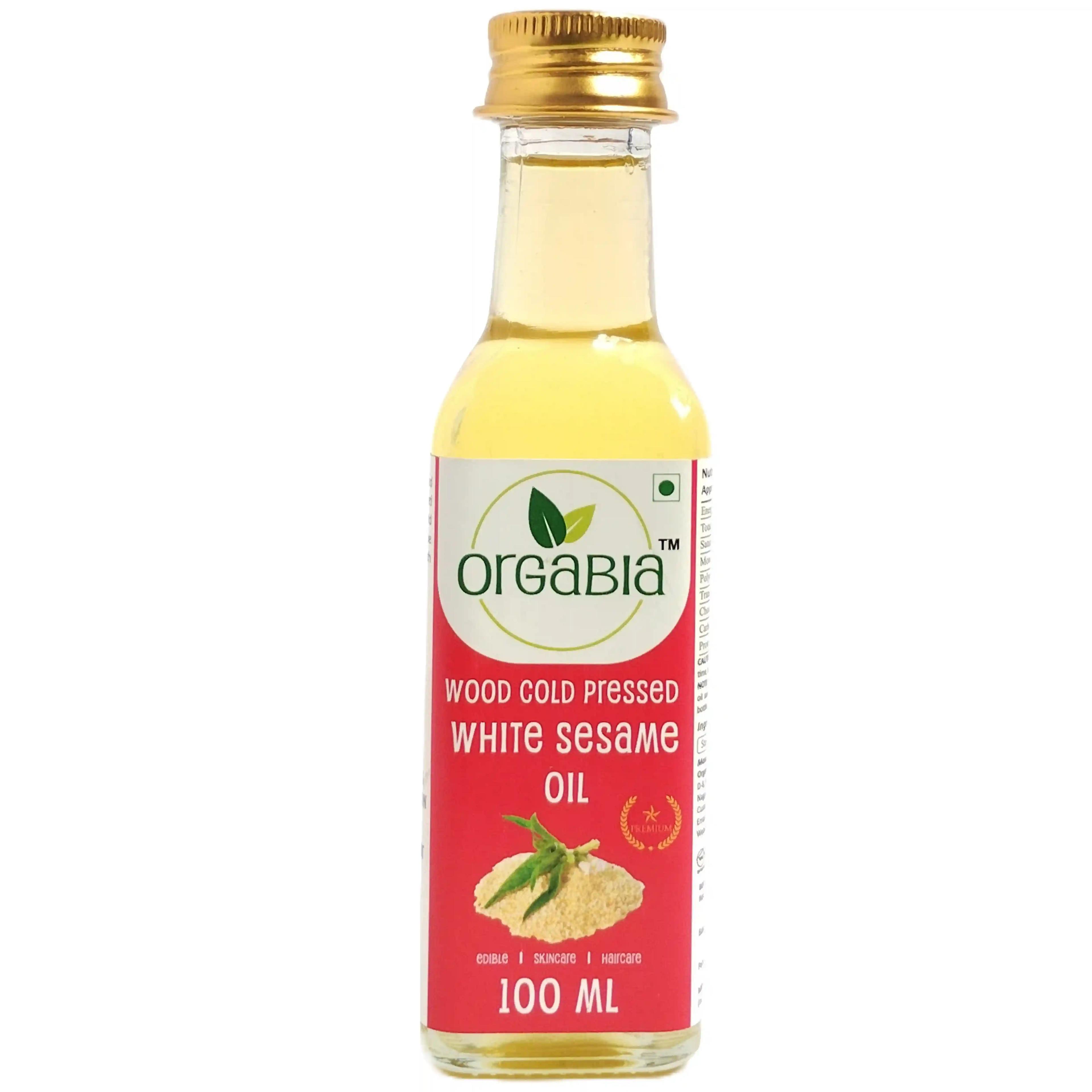 Orgabia Wood Cold Pressed White Sesame Oil 100ml Glass Bottle - 100% Pure & Natural Chemical Free Cold Pressed Sesame Oil for Cooking, Skincare & Haircare.