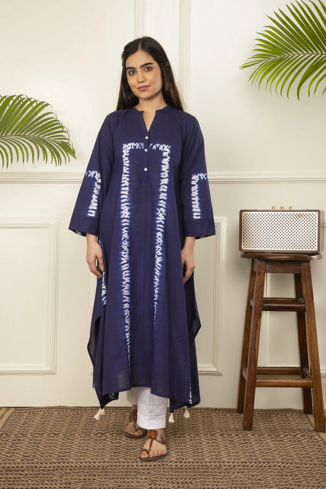 Blue Shibori Tie And Dye Cotton A-Line Kurta - X-Small