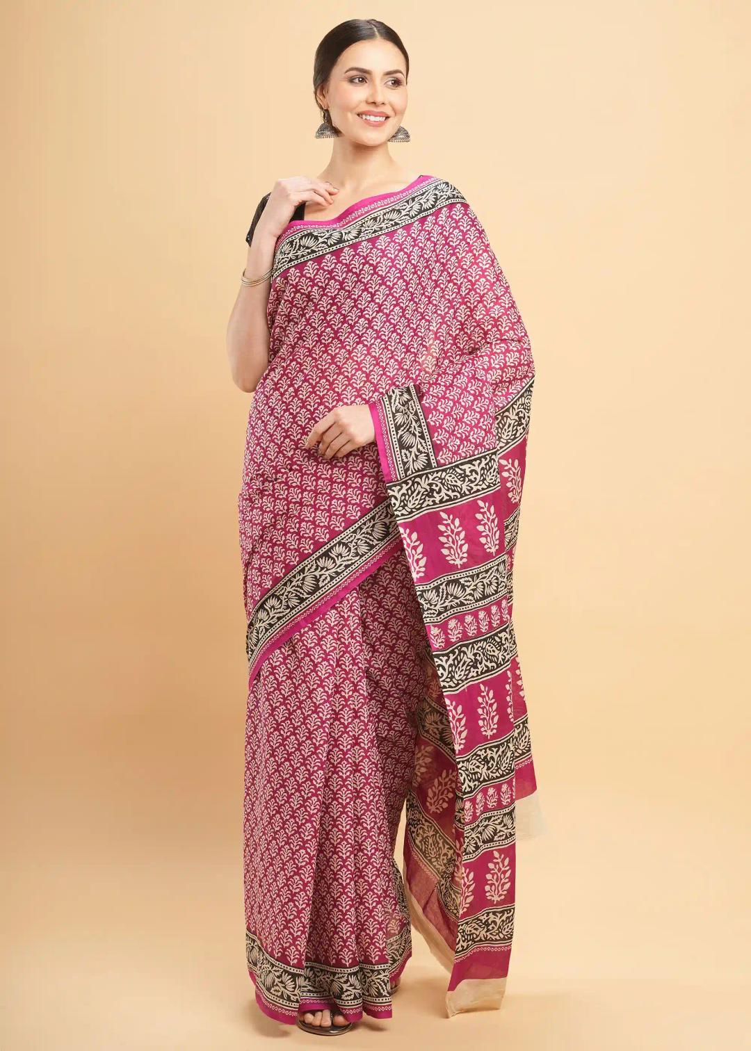 Mul Mul Pure Cotton Saree With Block Prints - Pink