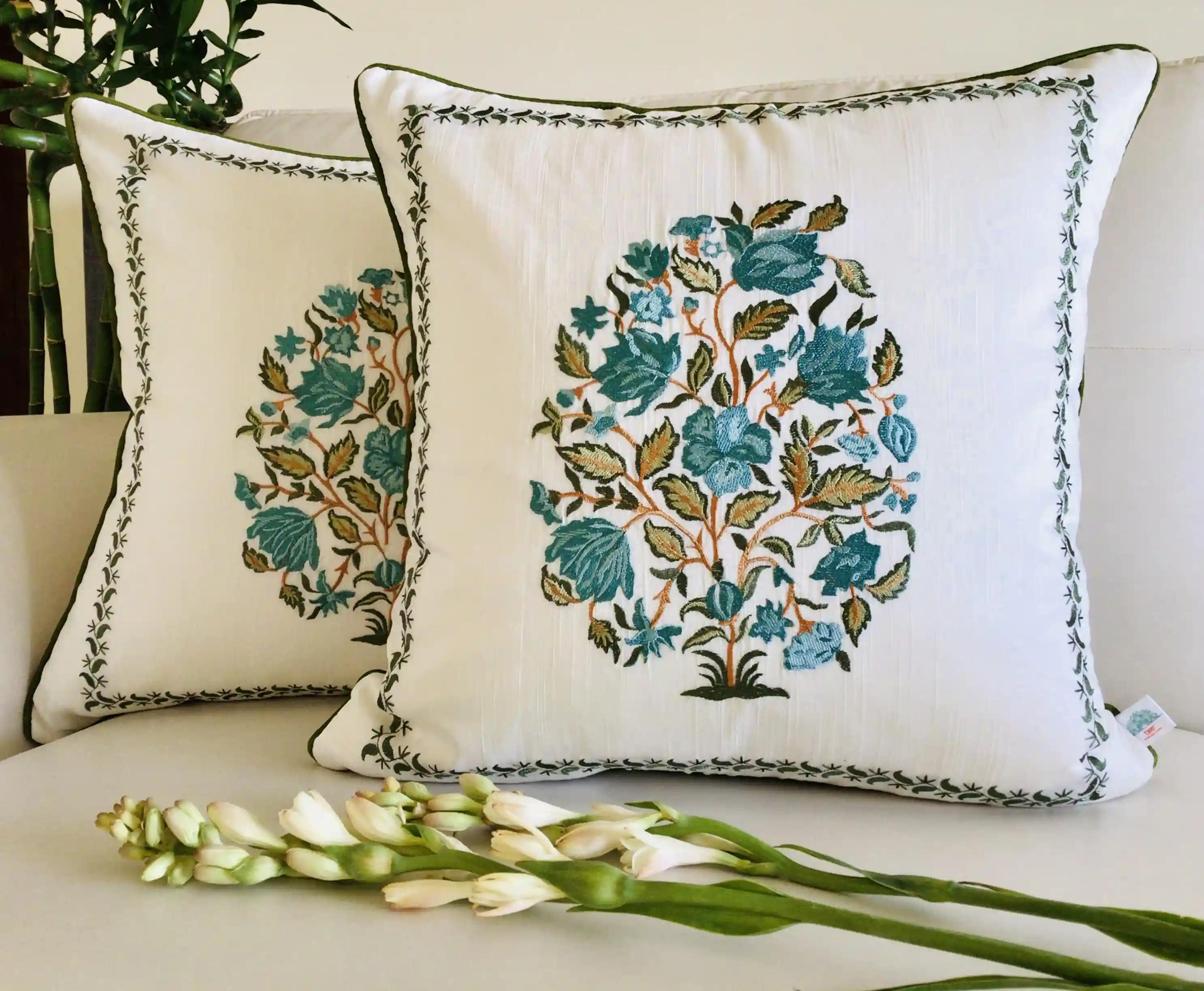 Noor- Embroidered Cotton Silk Cushion Cover- Pastel Blue & Green- Set of 2