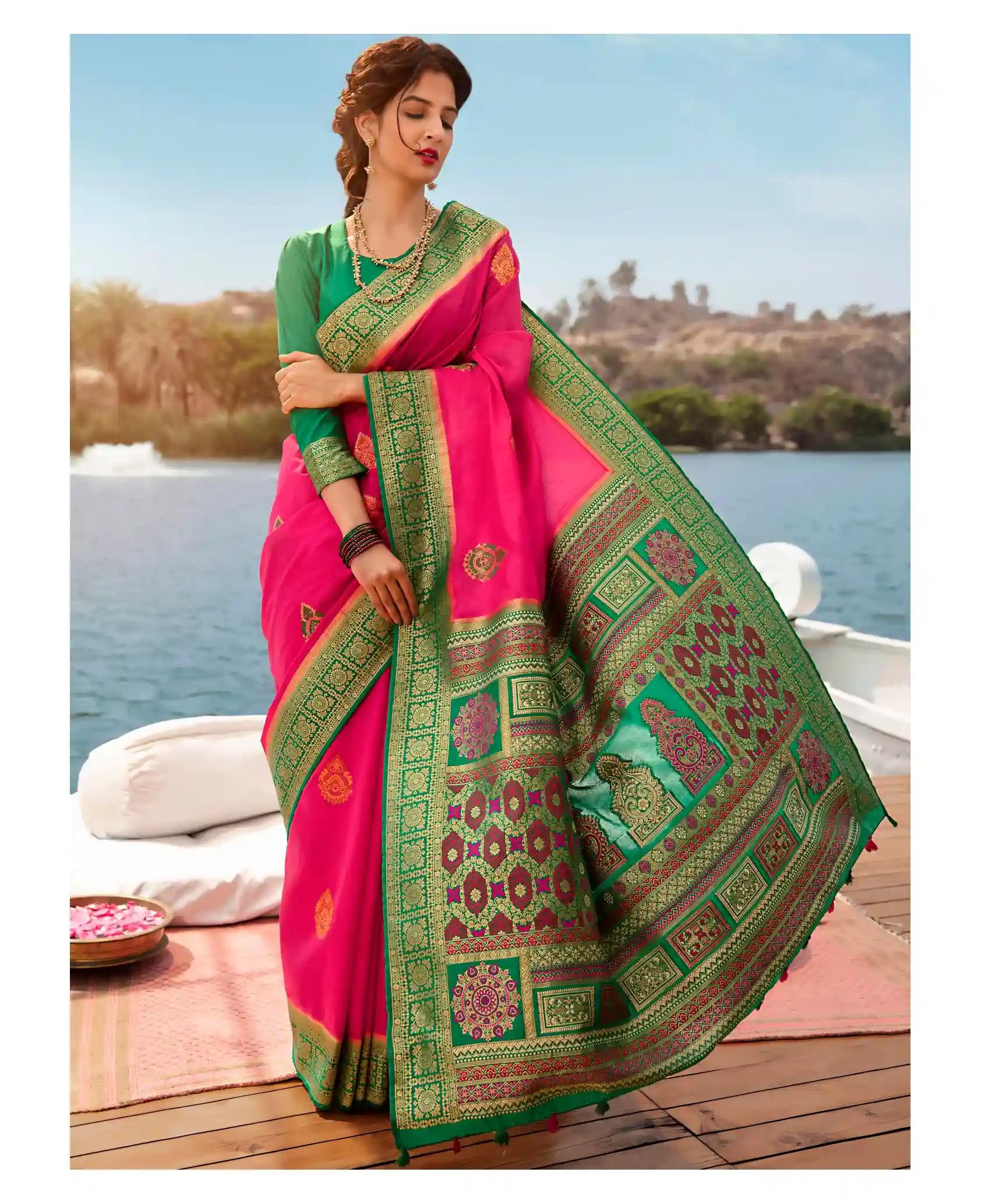 Aura Banarasi Silk Saree With Traditional Motifs - Gajari & Rama