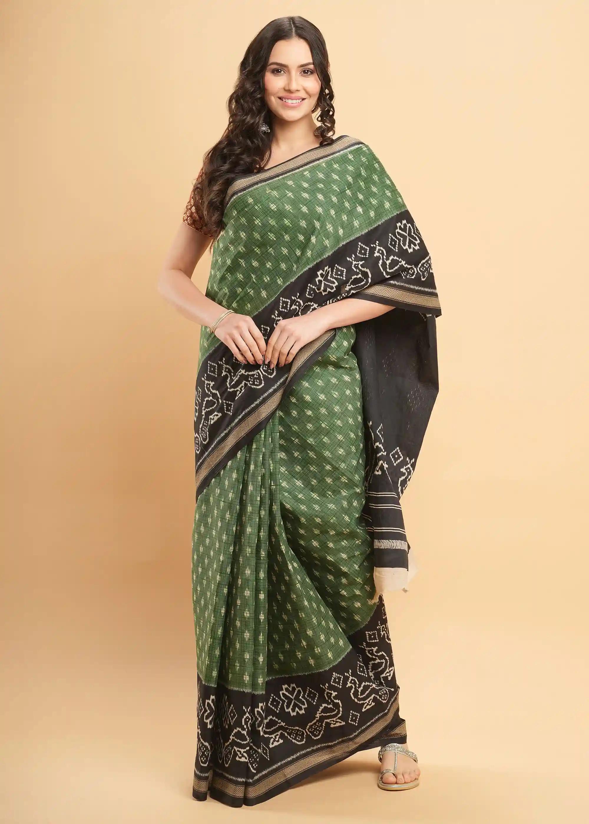 Mul Mul Pure Cotton Saree With Ikat Prints All Over - Green & Black