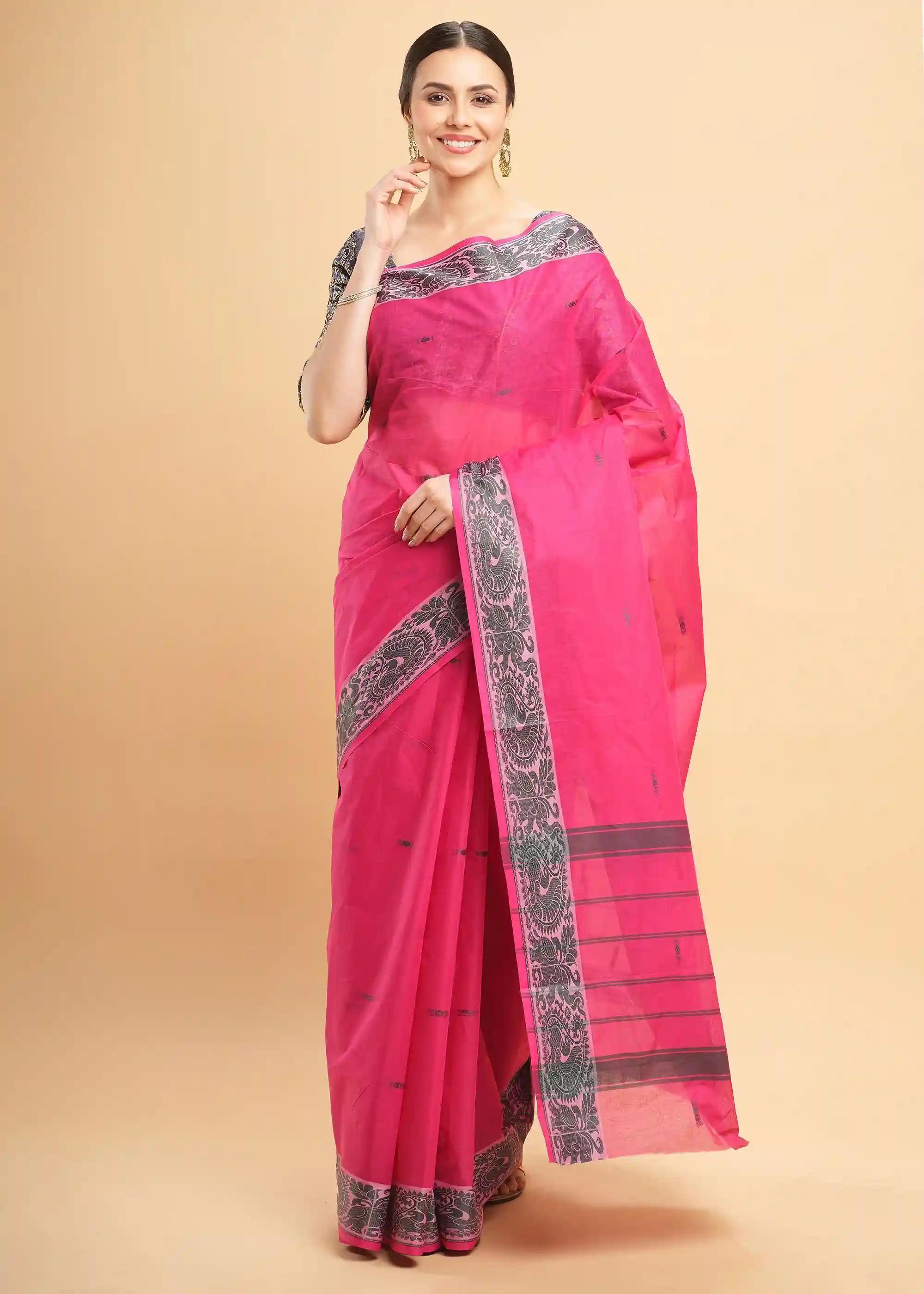 Woven Chettinad Pure Cotton Saree - Rani Pink