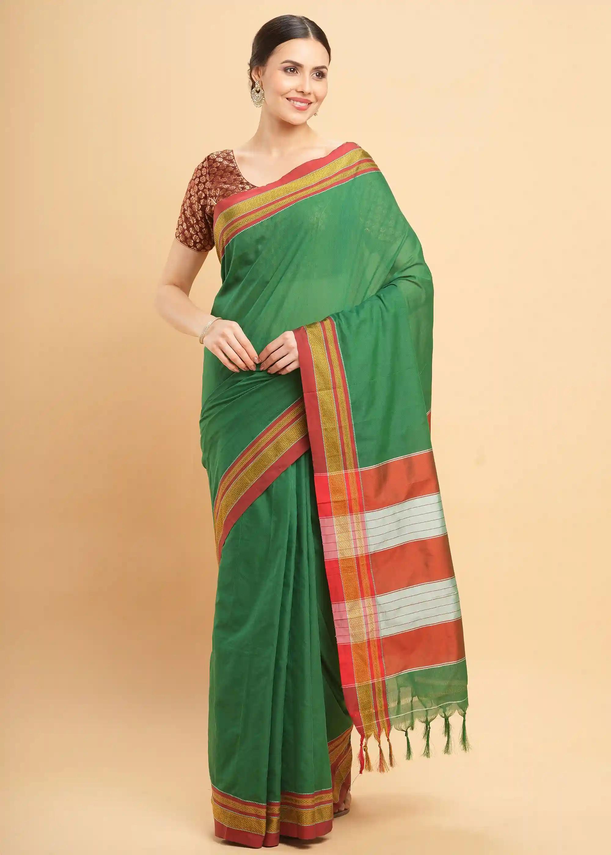 Woven, Plain Ilkal Cotton Silk Saree - Green