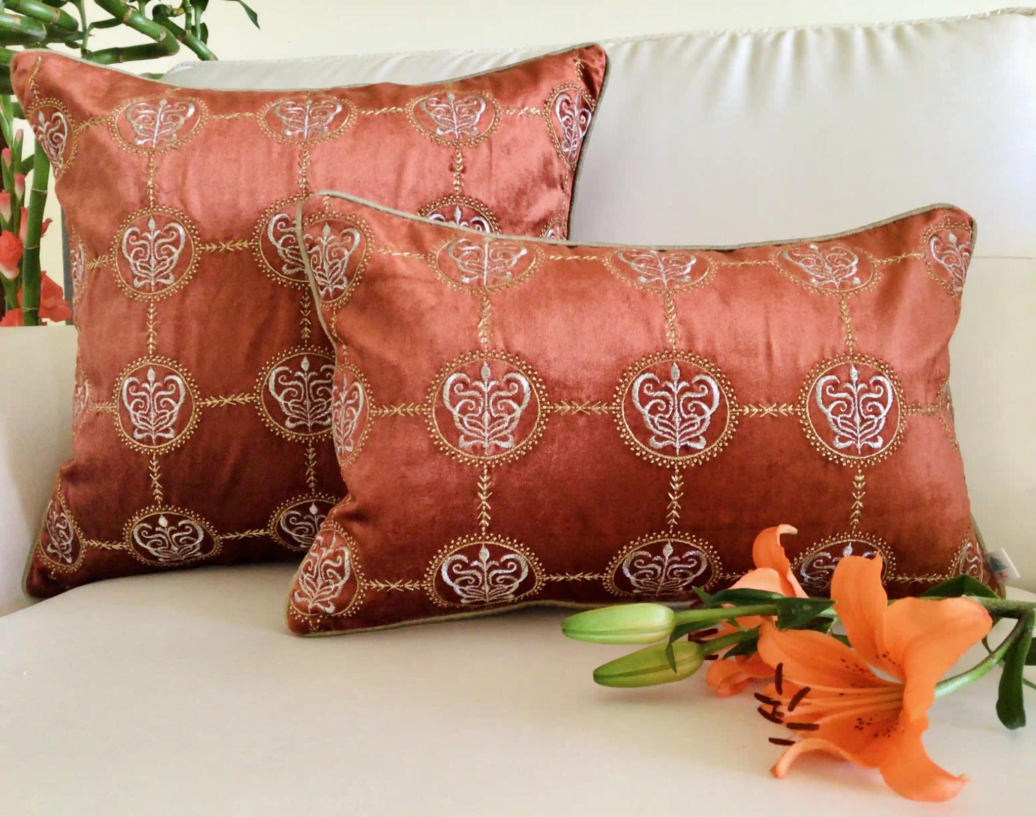 Cleopatra- Embroidered Luxury Velvet Cushion Cover- Burnt Orange- Set of 1