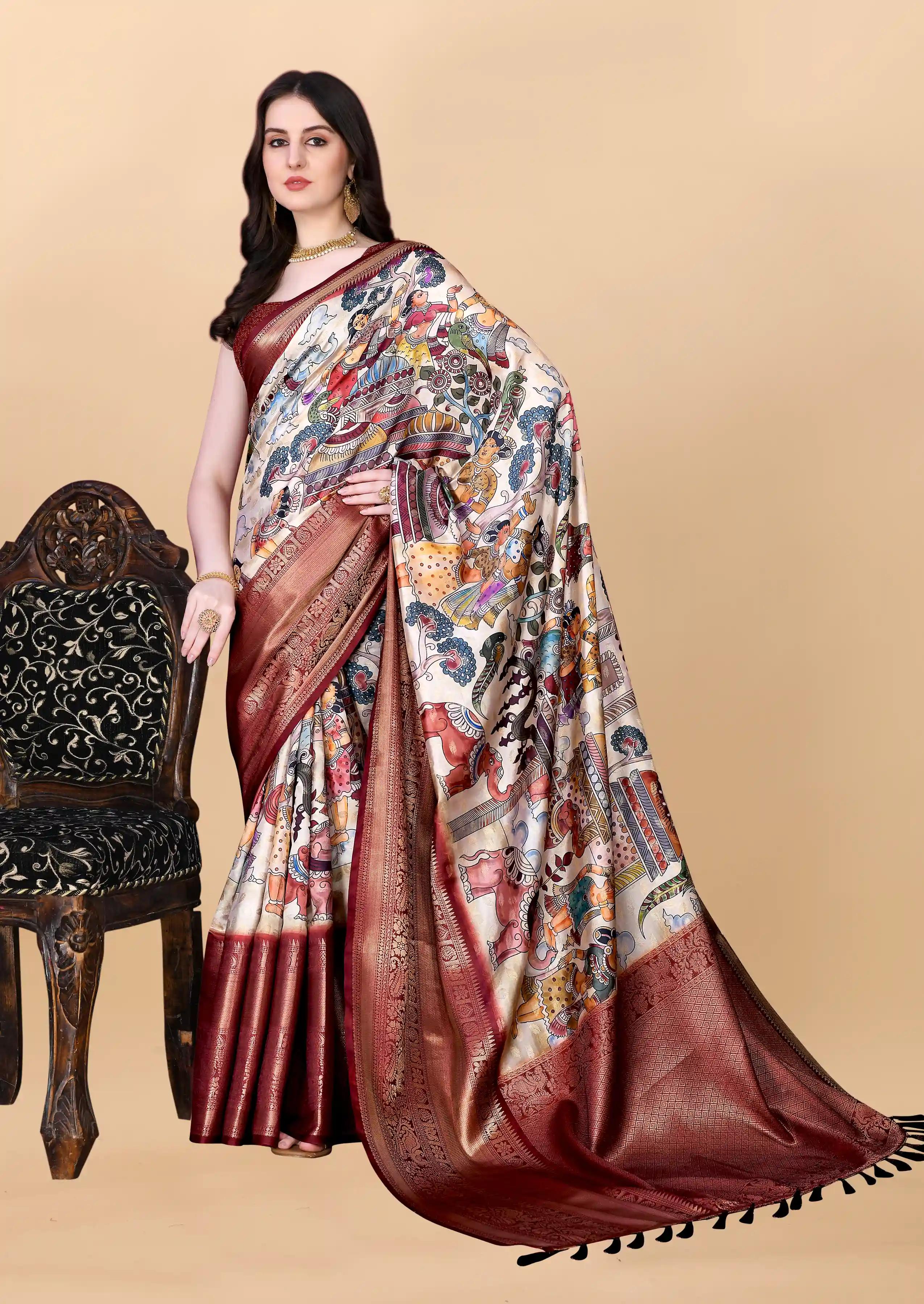 Soft Banarasi Silk Kalamkari Block Print Designer Saree - White Brown