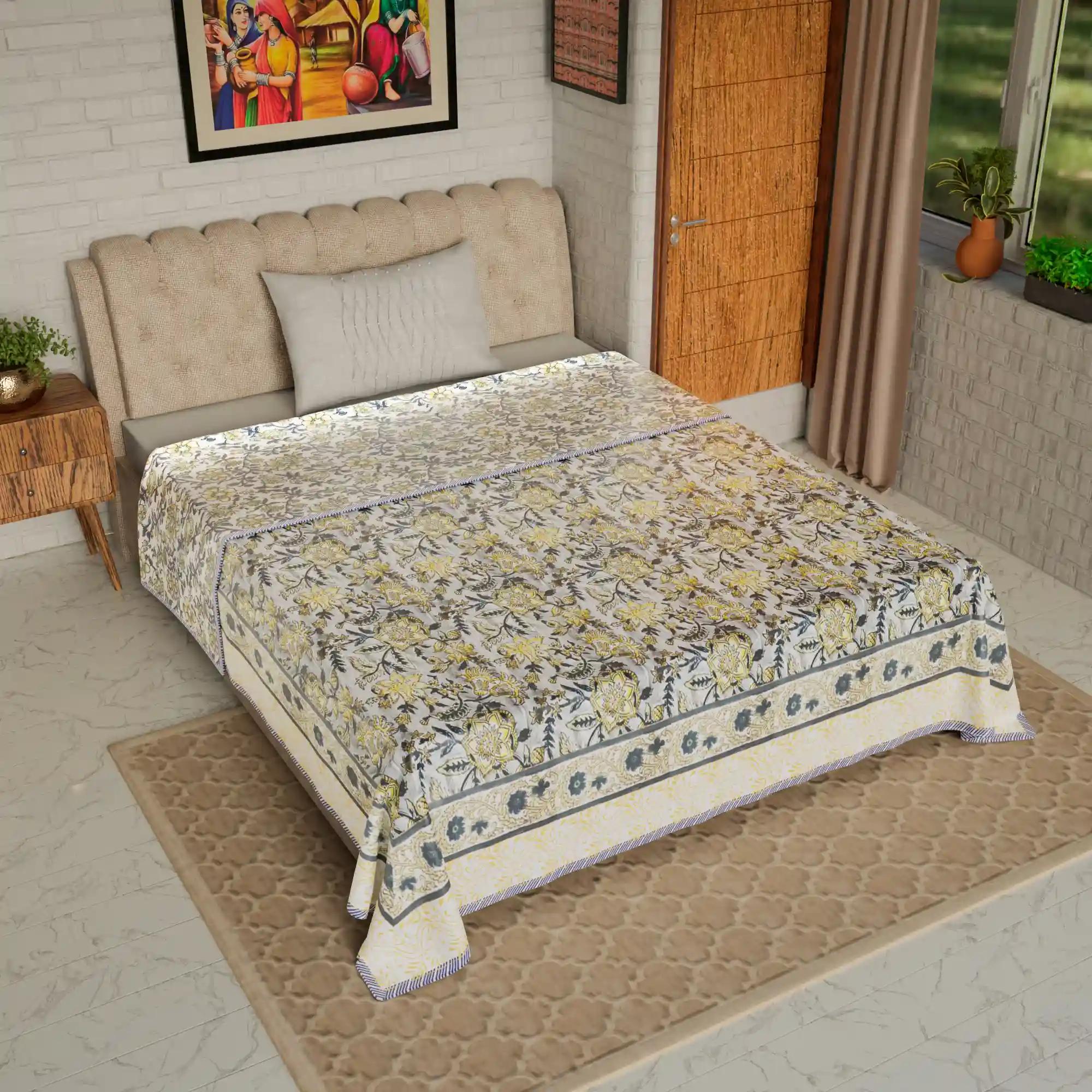 Jaipur Dohar Hand Block Printed Single Bed Cotton Dohar - Yellow Blue Floral