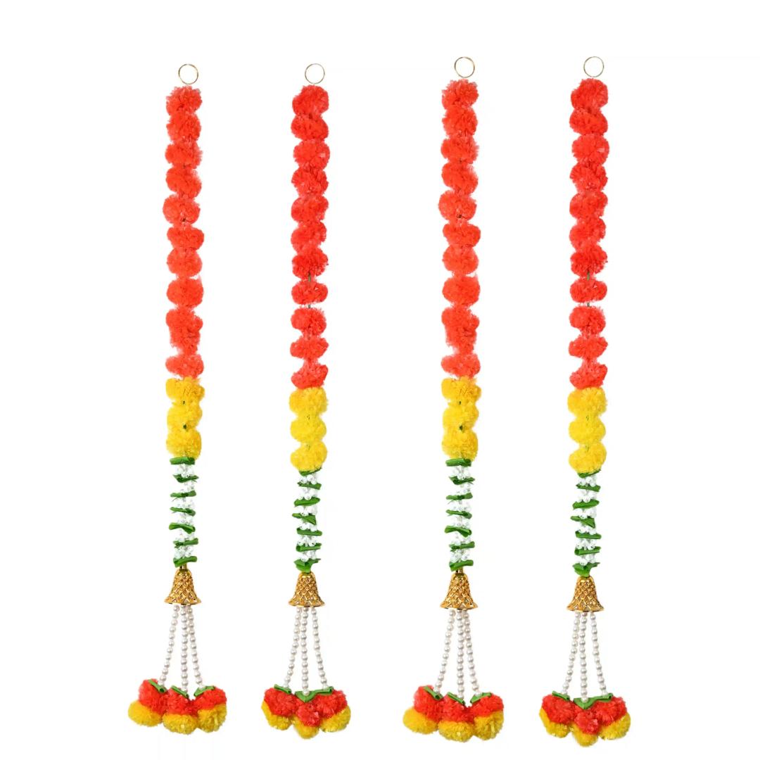 Artificial Marigold Flowers Garlands With Beads, Bells For Home Decorations| Genda Phool Latkan for Entrance - Pack of 4