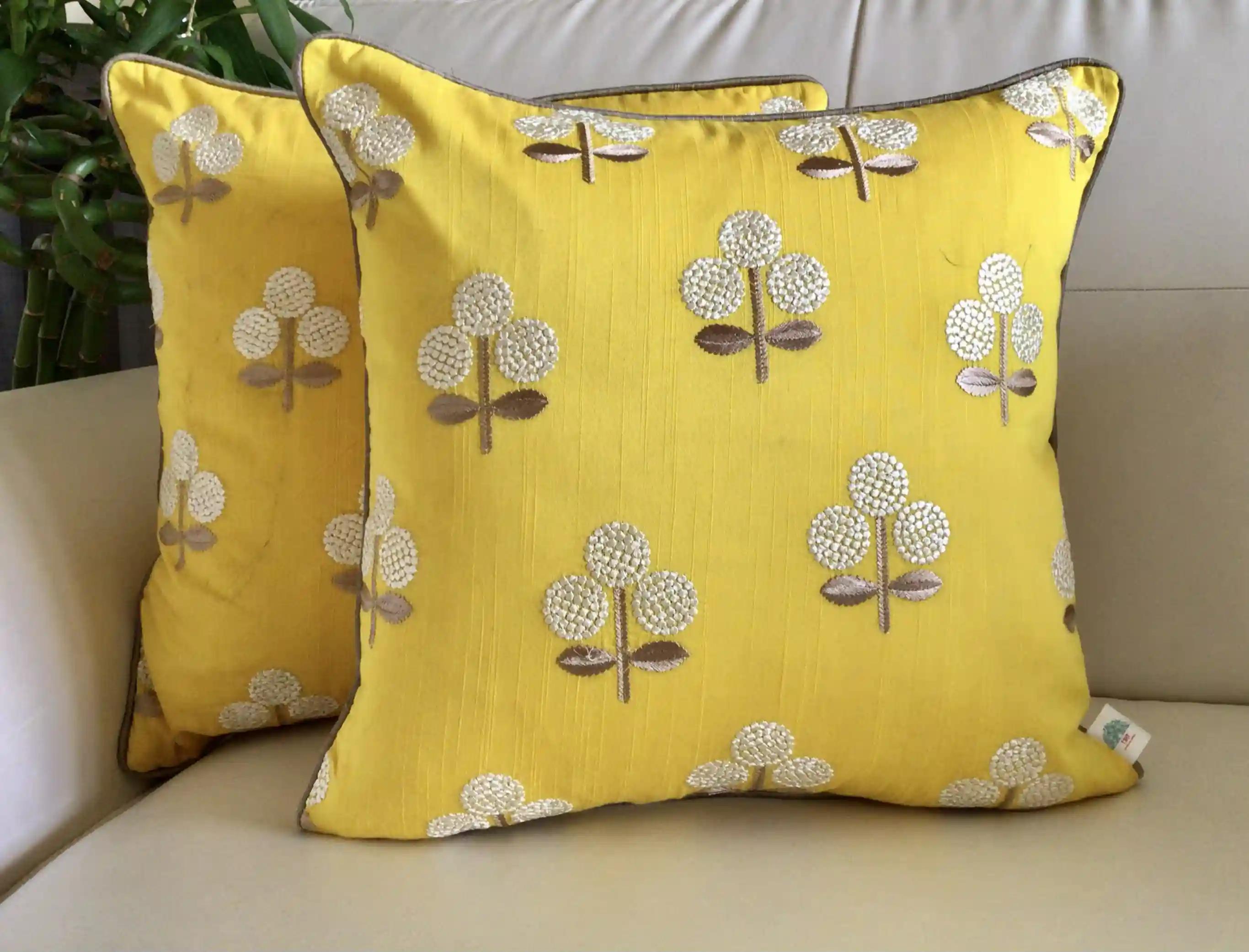 Chinar- Embroidered Cotton Silk Cushion Cover- Mango Yellow & Gold- Set of 2