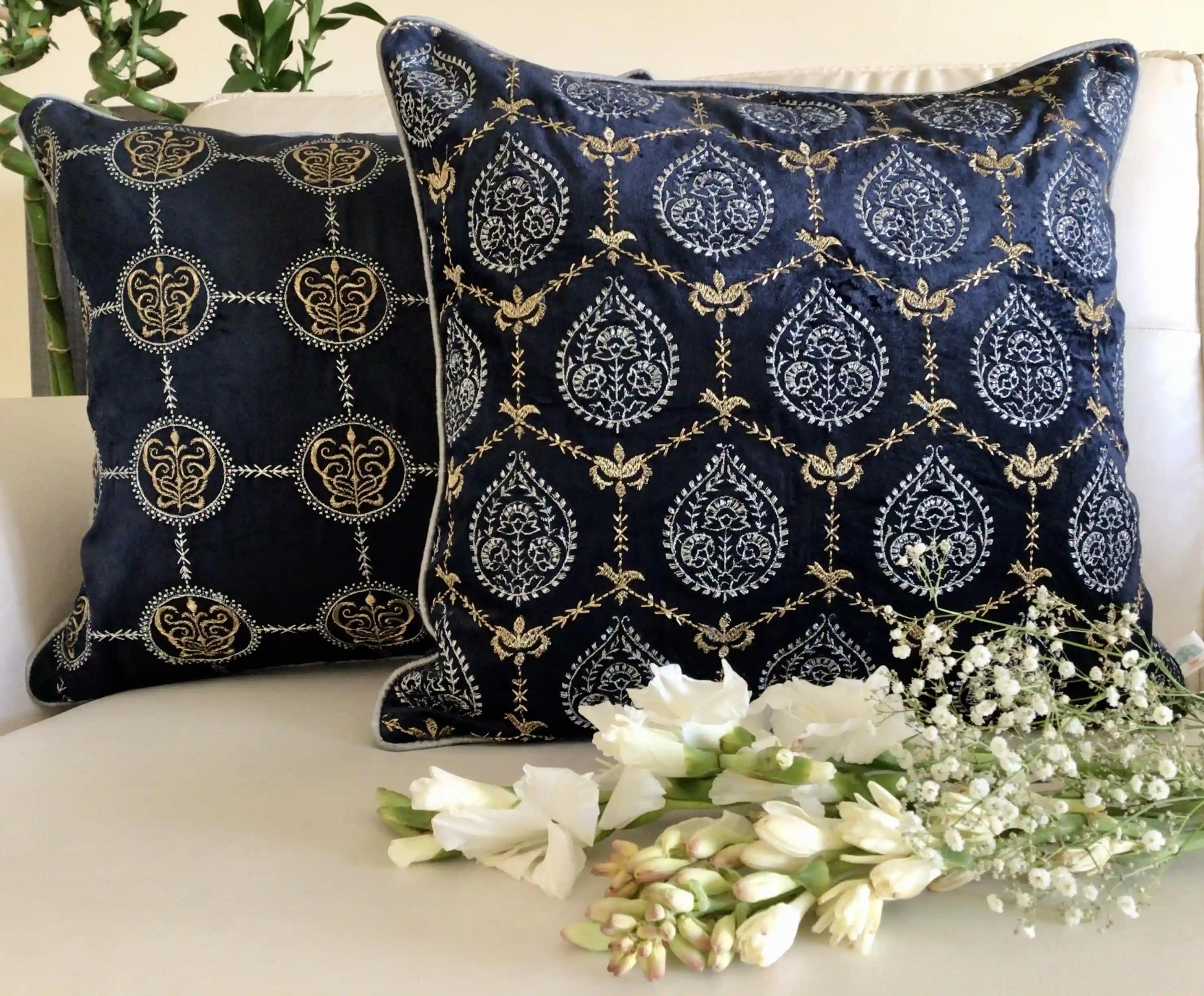 Padmini- Embroidered Luxury Velvet Cushion Cover- Midnight Blue- Set of 1