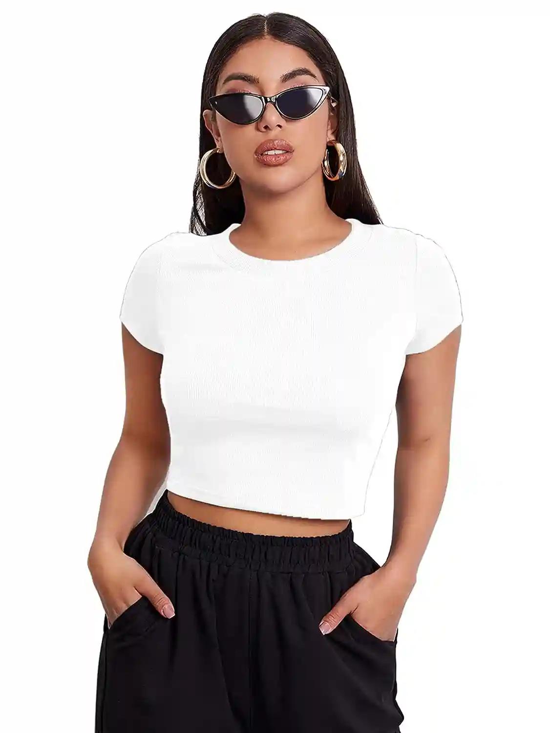 Solid Polyester Crop Top For Women - White (X-Small)