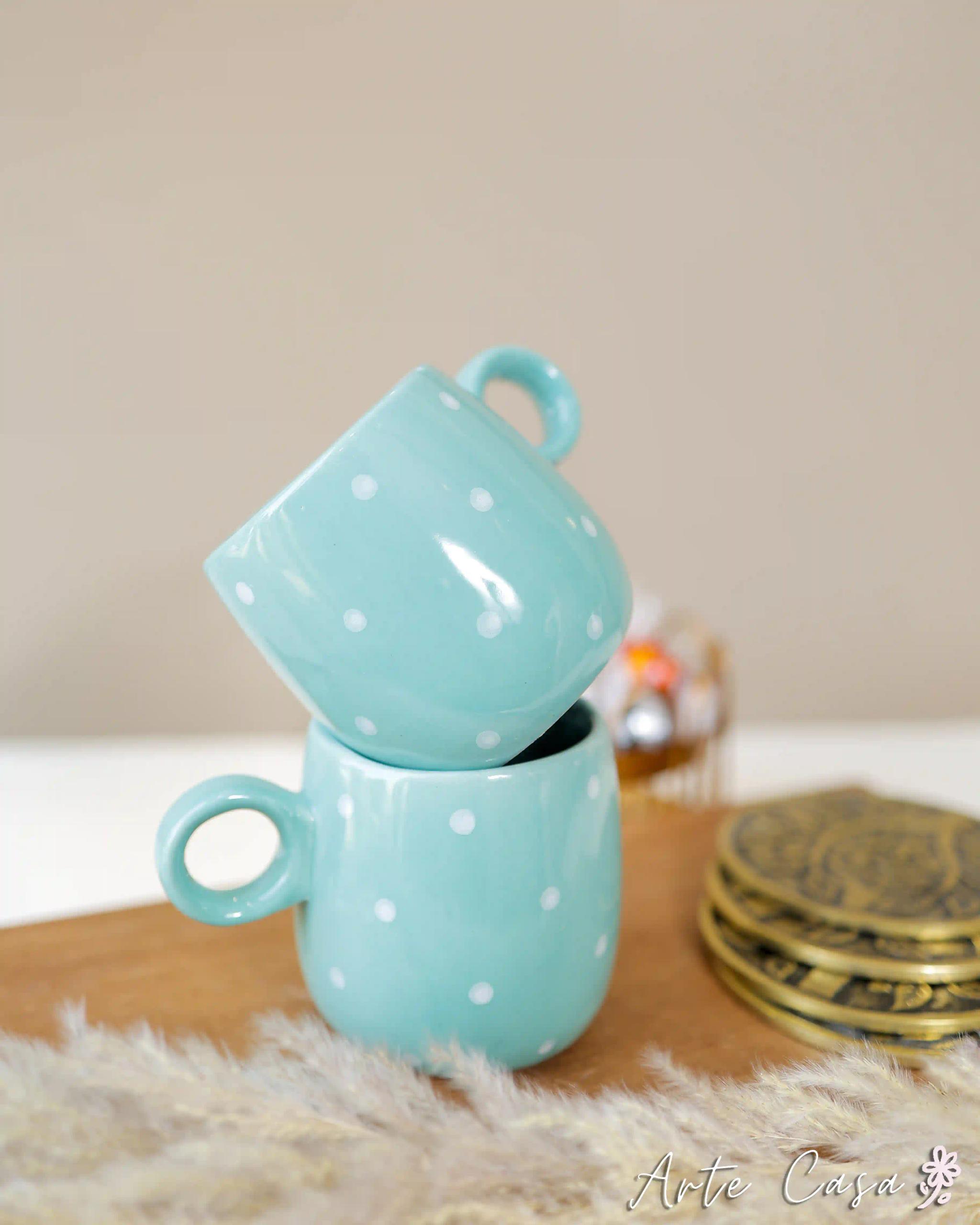 Aqua Dotted Ceramic Coffee Mug - Set of 2