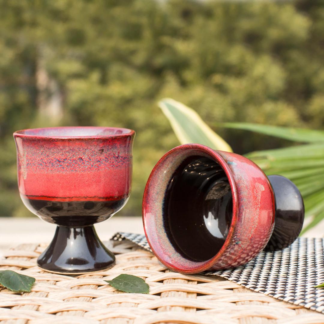 Shilpkara 'Crimson Scoop' Studio Pottery Glazed Ceramic Dessert Bowl - Pack of 2