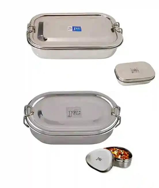 Jvl Stainless Steel Rectangular Single Layer Lunch Box With Small Container & Big Capsule Lunch Box With Mini Container Not Leak Proof - Pack Of 2