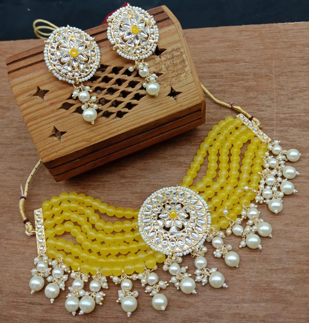 Ethnic Pearls Choker Necklace Set & Earring - Yellow