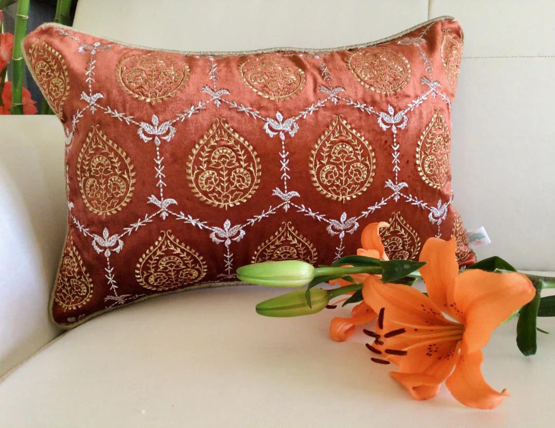 Padmini- Embroidered Luxury Velvet Cushion Cover- Burnt Orange- Set of 1