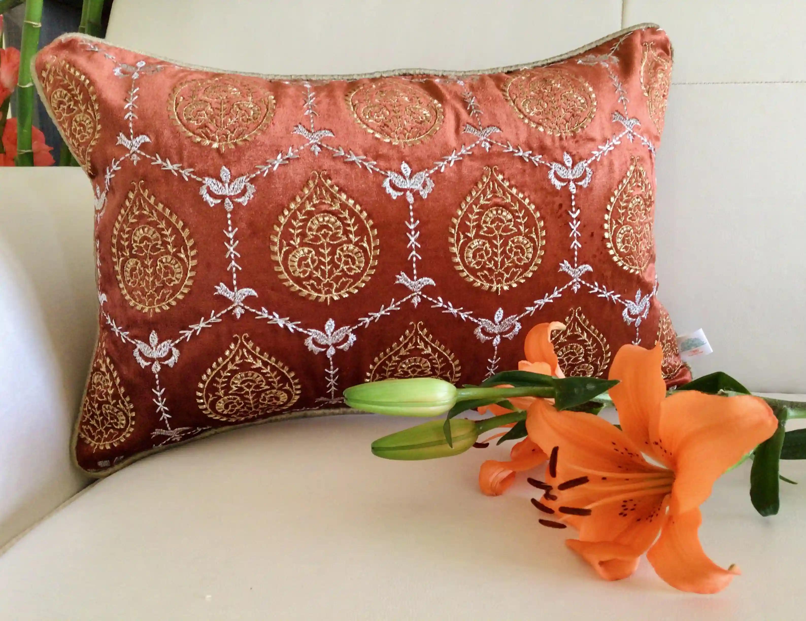 Padmini- Embroidered Luxury Velvet Cushion Cover- Burnt Orange- Set of 1