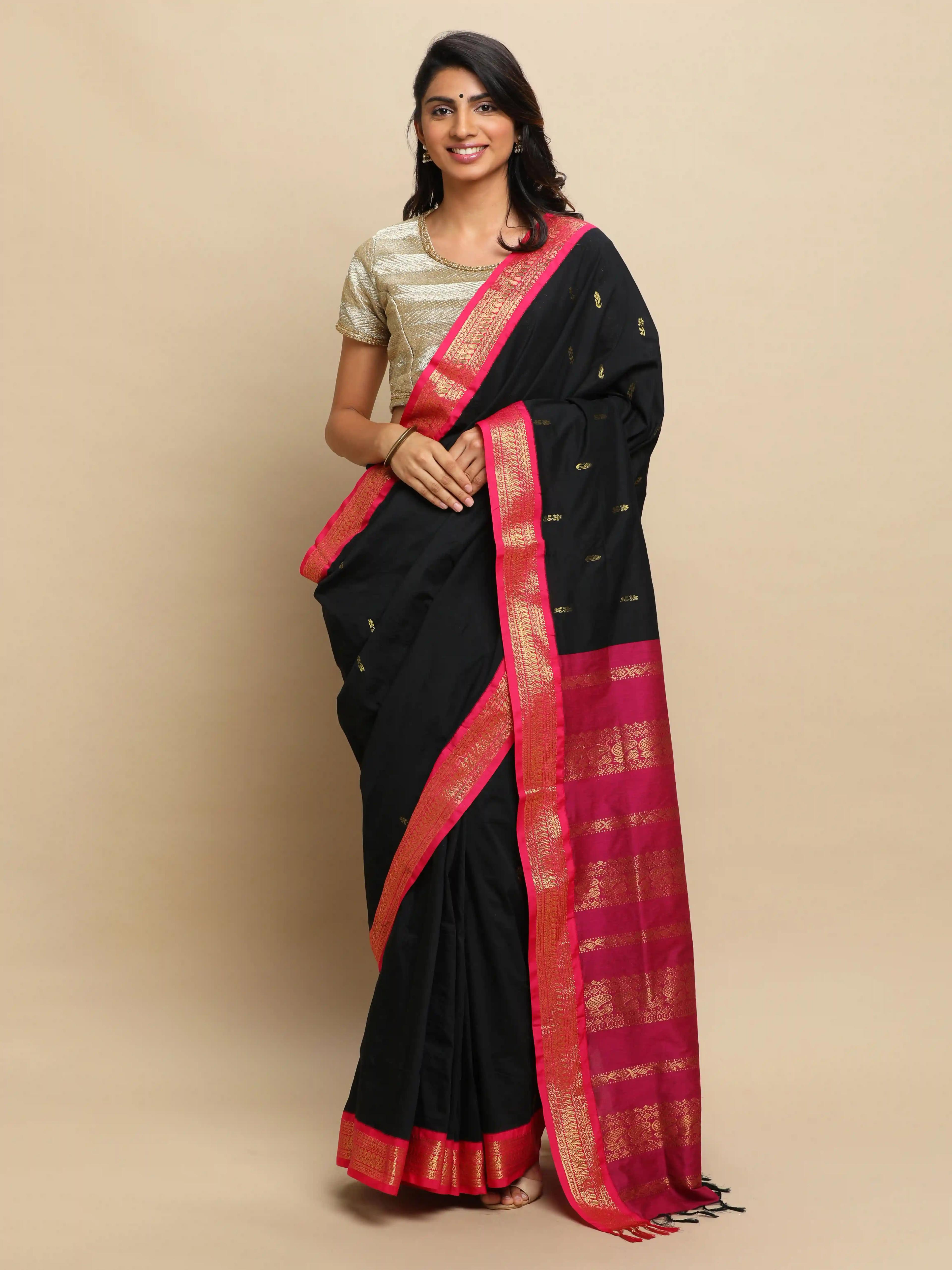 Gadwal Silk Cotton Sarees With Zari Buttas- Black Rani