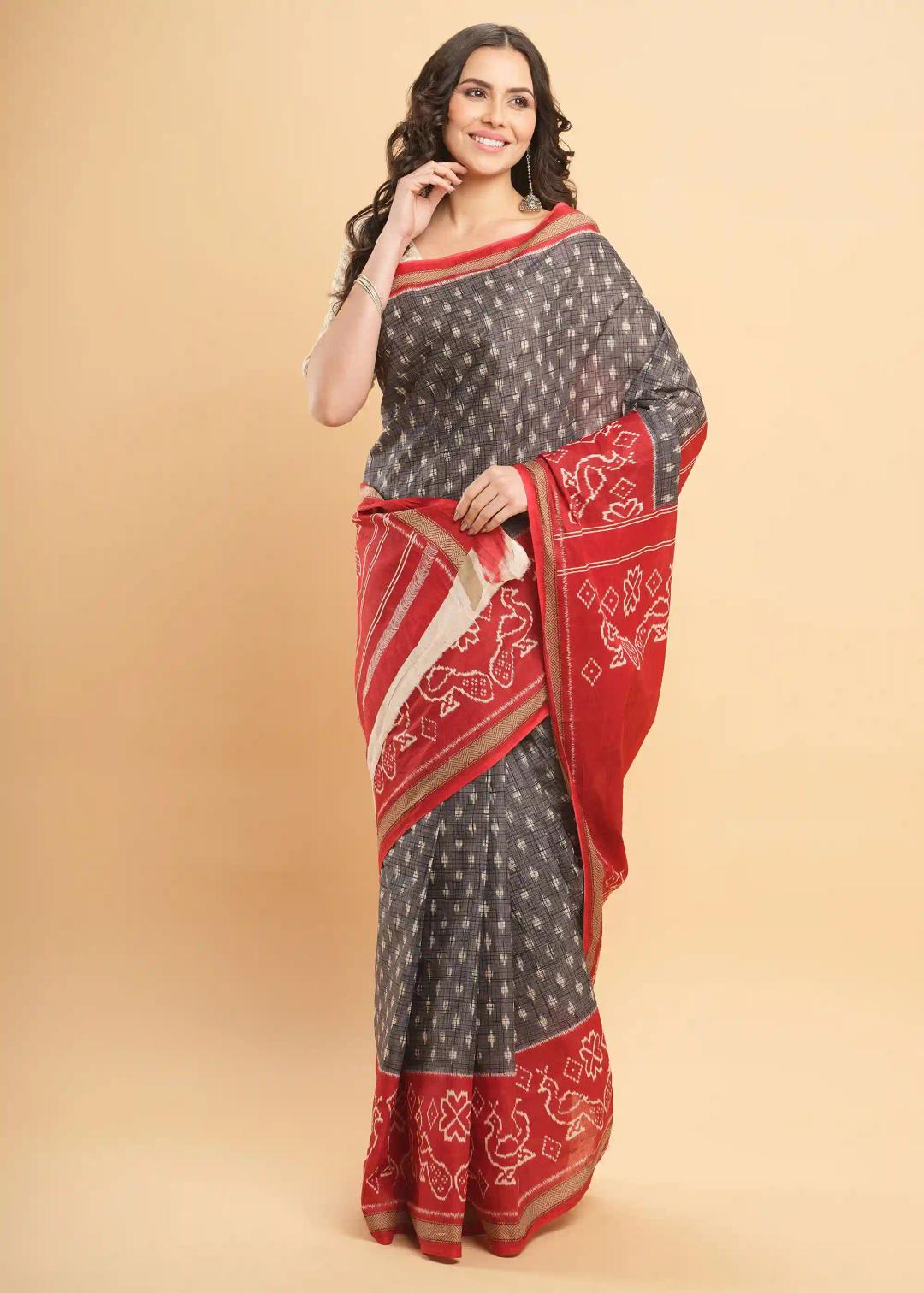 Mul Mul Pure Cotton Saree With Ikat Prints All Over - Grey & Red