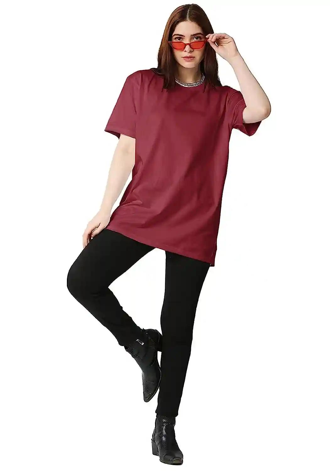 Cotton Oversized T-Shirt for Women - Maroon(Small)