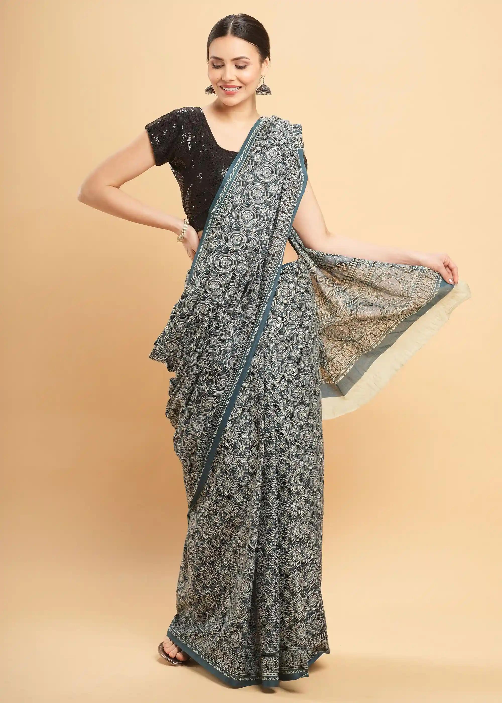 Mul Mul Pure Cotton Saree With Ajrakh Prints - Grey