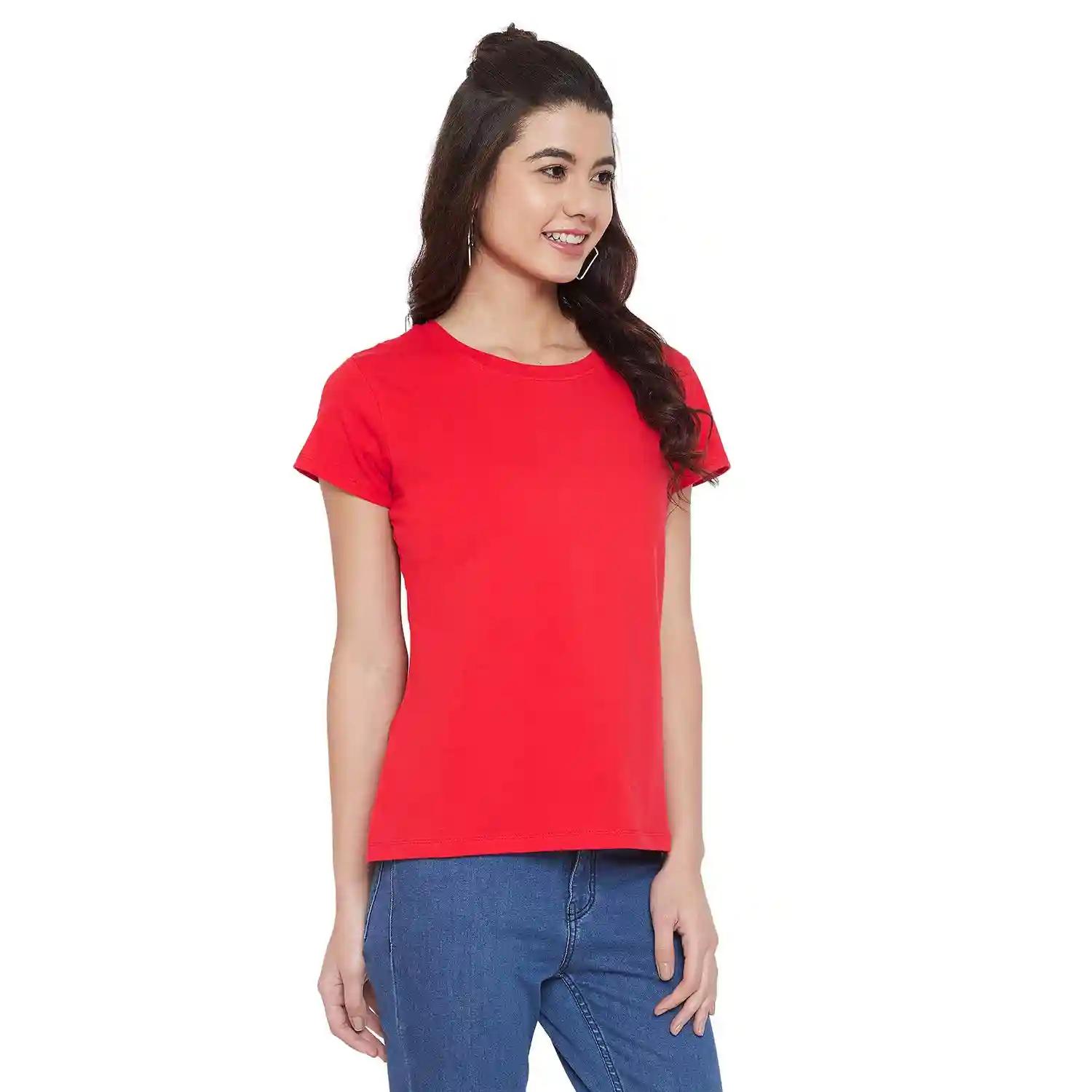 Cotton Round Neck T-Shirt For Women - Red (Small)