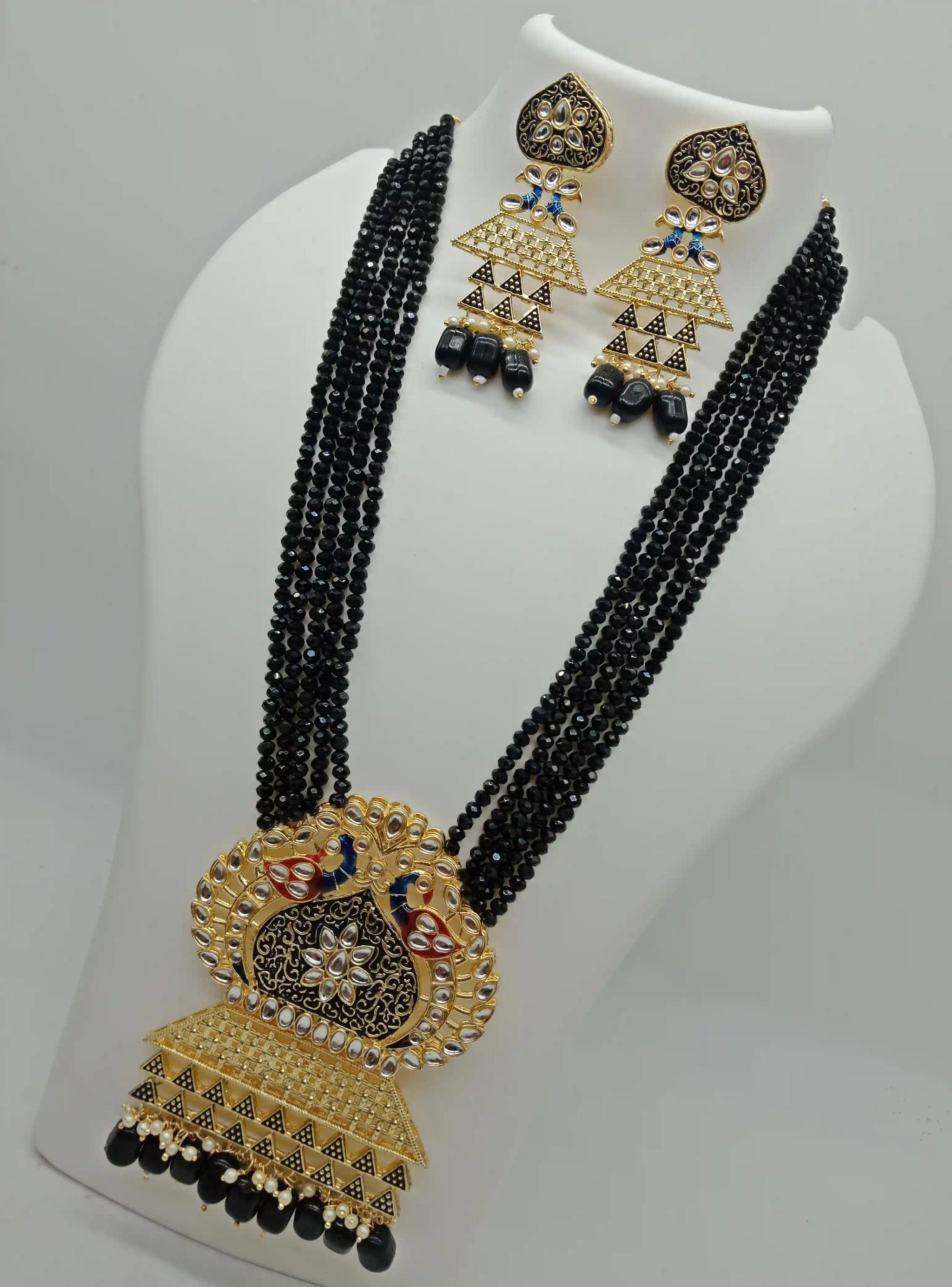 Crystal Beads Ethnic Kundan Necklace & Earring Set - Black