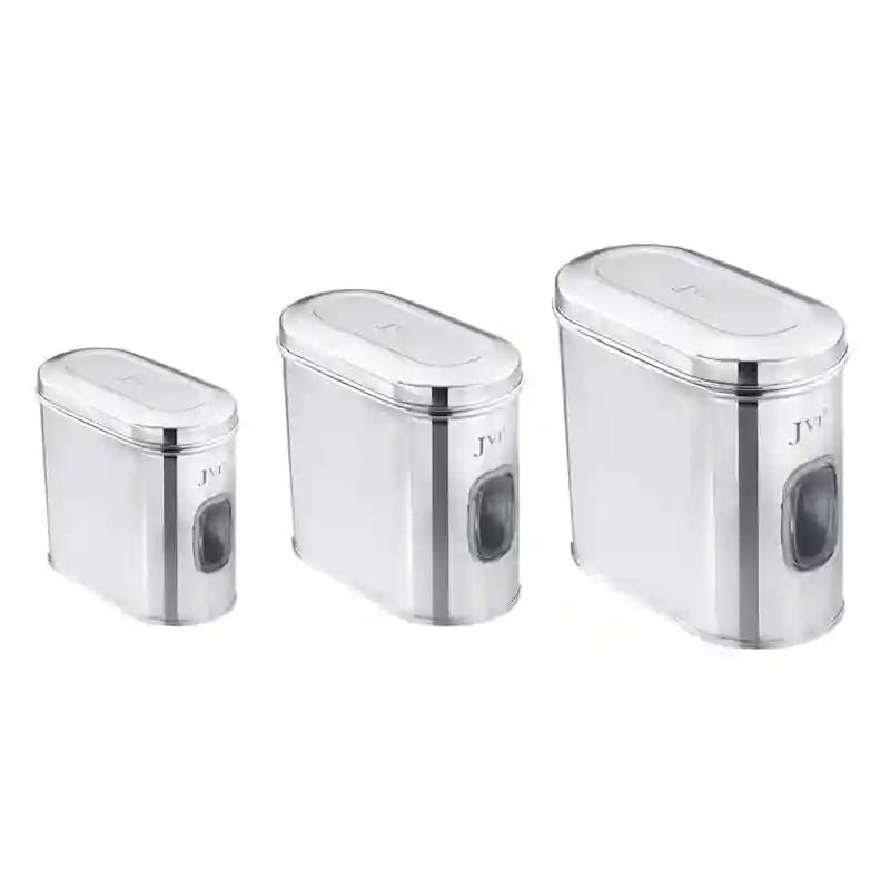 JVL Stainless Steel Kitchen Food Storage Capsule Shape Galaxy Window Canister with Unbreakable Steel Lid for Dry items Store - 3Pc Set - 2Litres, 2.75Litres, 3.25Litres