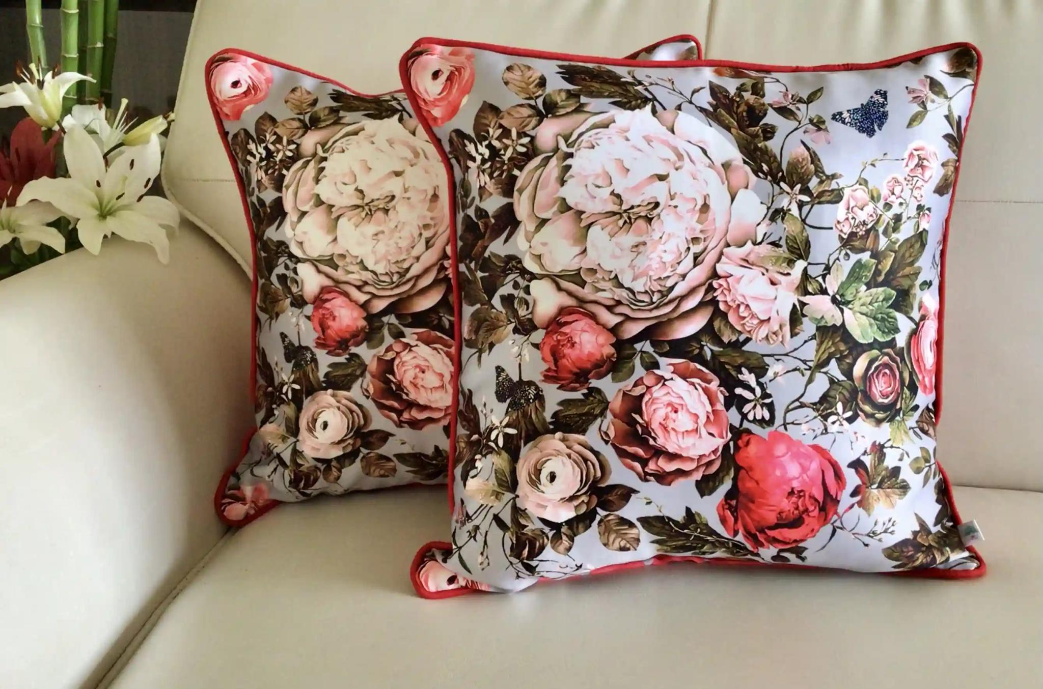 English Rose- Reversible- Cushion Covers- Grey and Red- Set of 2