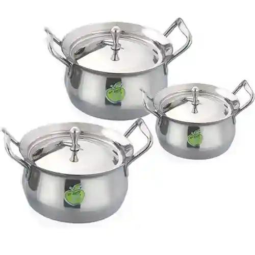 Stainless Steel Induction Cookware Sets & Gas Stove Friendly Cookware & Serveware Essential Utensil Pot Handi Set with Lid - Set of 3