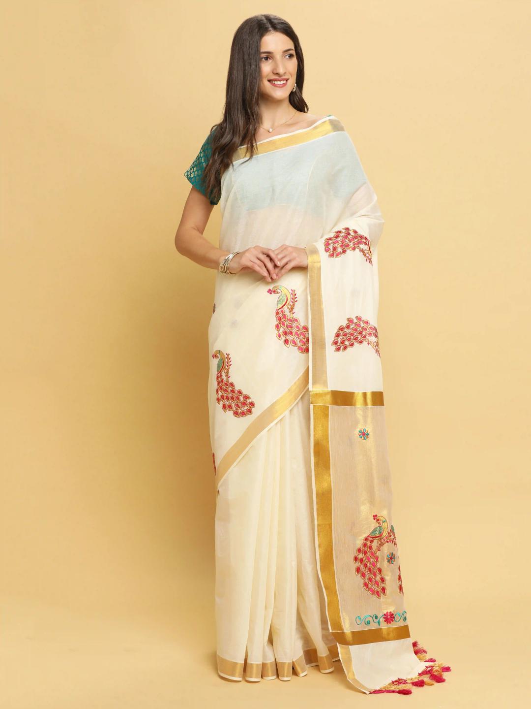 Kerala Kasavu Pure Cotton Saree With Peacock Embroidery - Off White & Maroon(Teal Green Blouse)