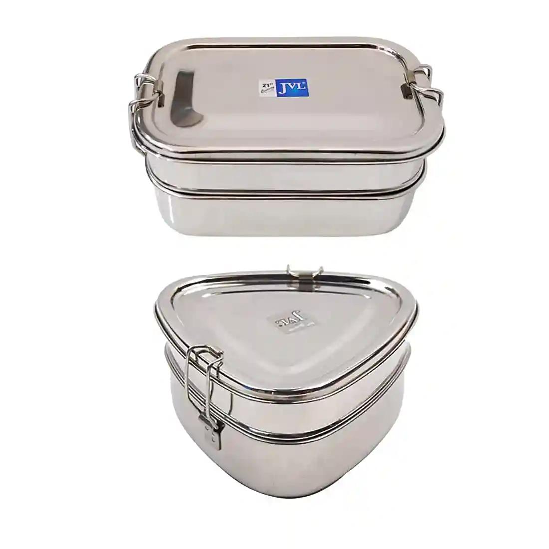 Jvl Stainless Steel Rectangular & Triangle Shape Double Layer Lunch Box With Inner Plate - Set Of 2