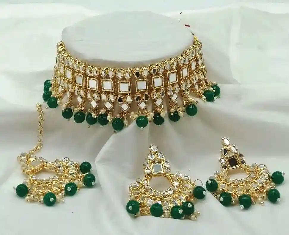 Round Drops With Mirror Style Kundan Necklace Set - Green