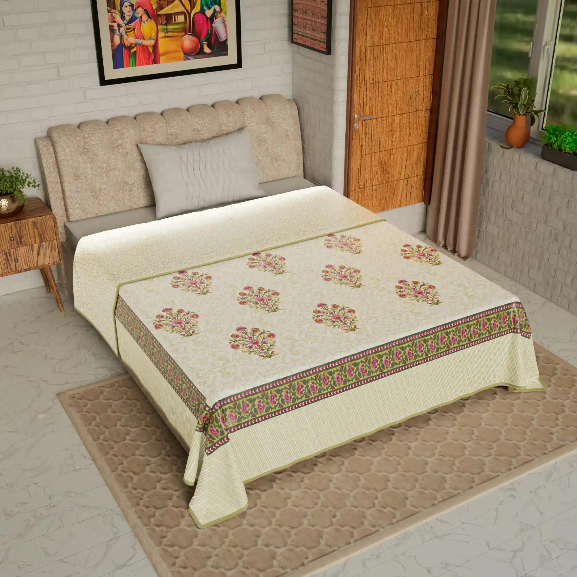 Jaipur Dohar Hand Block Printed Single Bed Cotton Dohar - Mustard Pink Bouquet